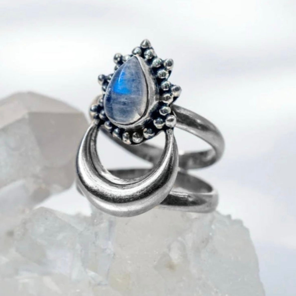 925 solid sterling silver Crescent half-Moon boho-style RAINBOW MOONSTONE teardrop gemstone split shank ring sizes 6.5, 7, 7.5. RETAIL $65 (See photos)