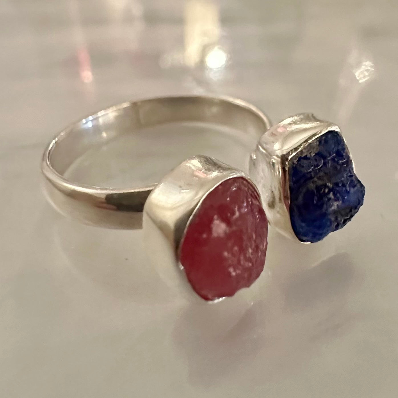 925 Silver rough/raw PINK RUBY, SAPPHIRE semi-adjustable 2-gemstone ring size 7.5, 8, 8.5