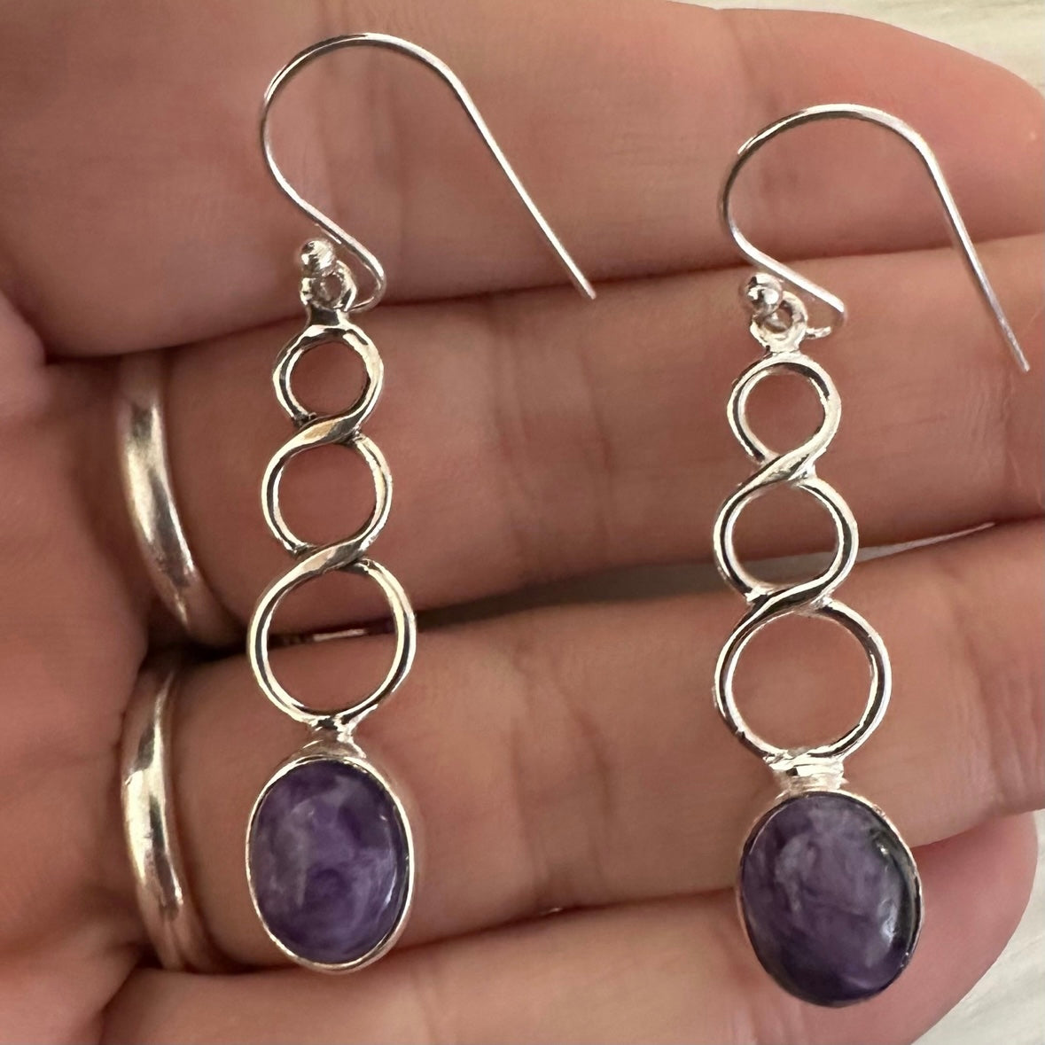 925 Solid Sterling Silver RUSSIAN CHAROITE twisty long dangle drop earrings