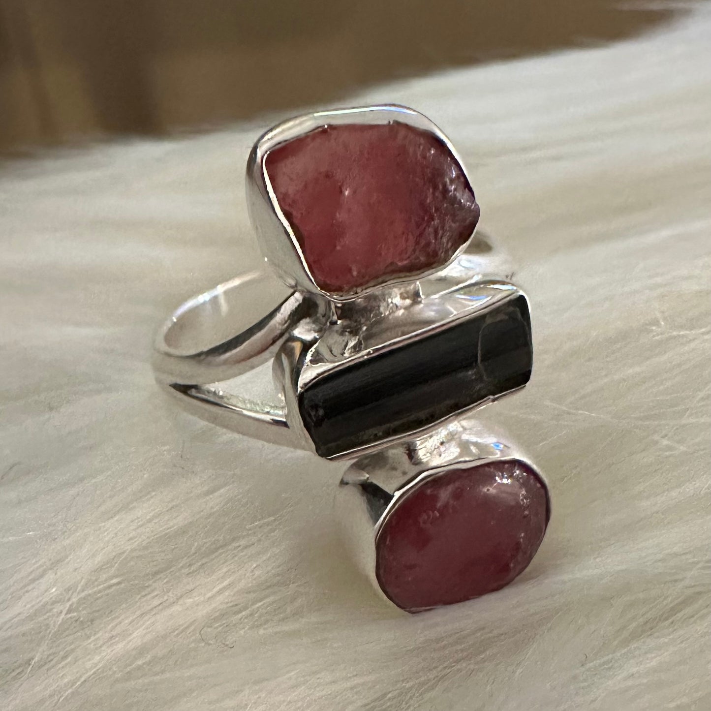 925 solid sterling silver 3-stone natural rough/raw PINK RUBY & TOURMALINE ring size 8, 8.5, 9