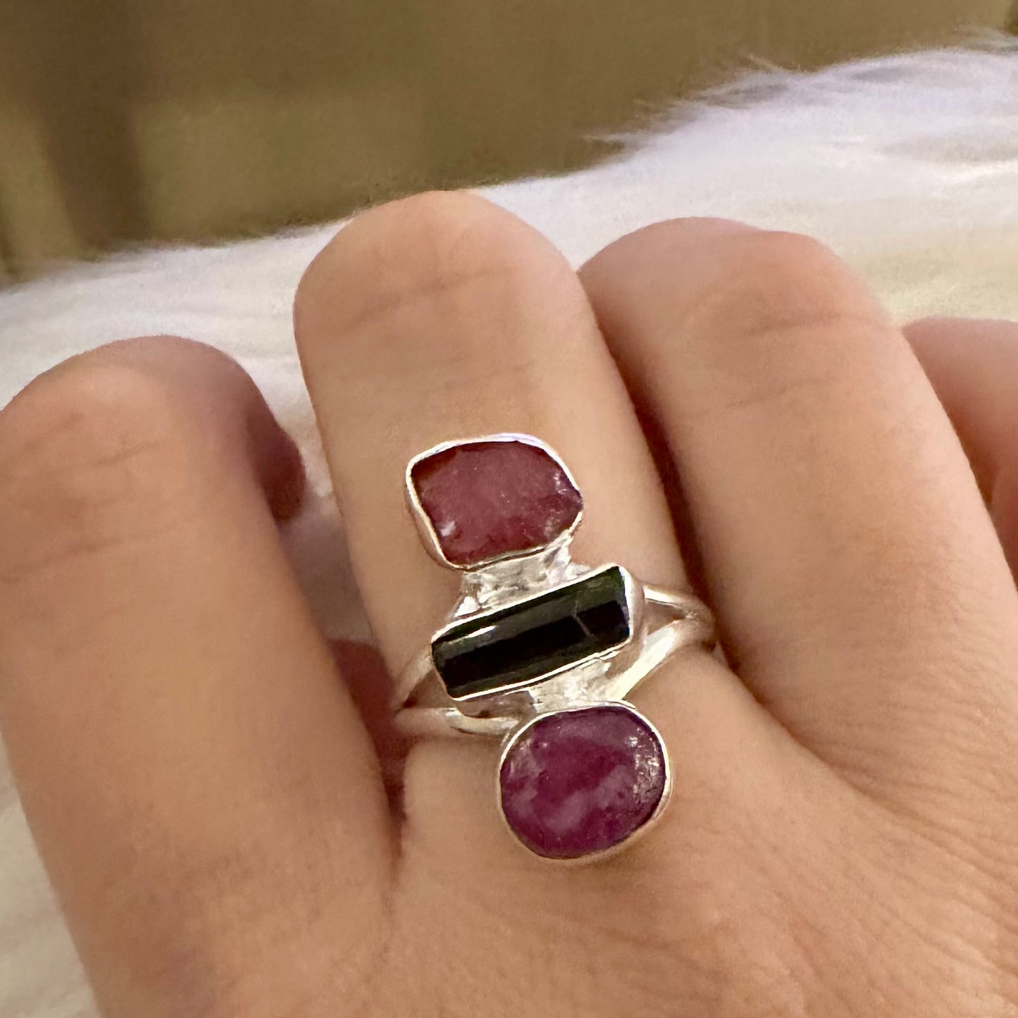 925 solid sterling silver 3-stone natural rough/raw PINK RUBY & TOURMALINE ring size 8, 8.5, 9