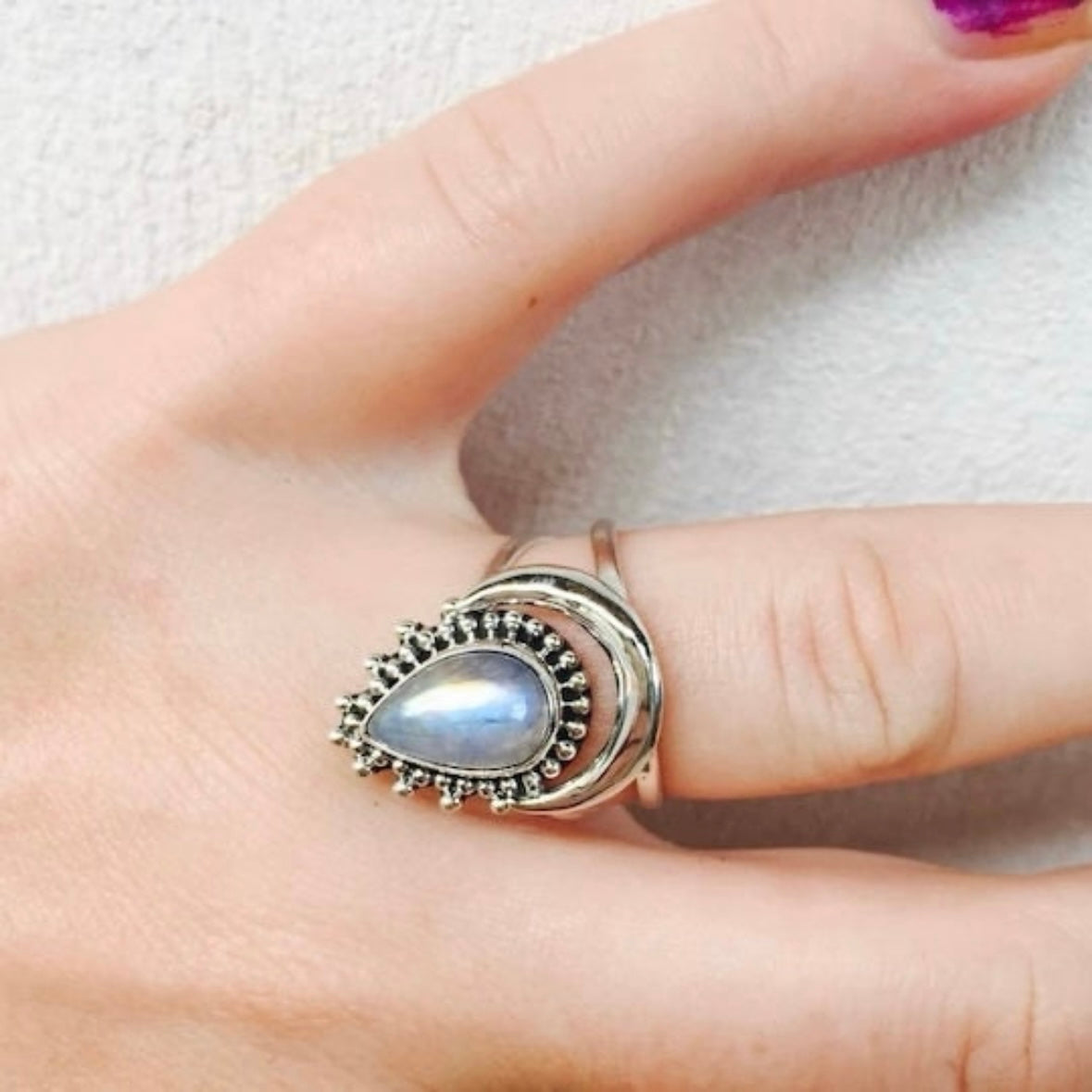 925 solid sterling silver Crescent half-Moon boho-style RAINBOW MOONSTONE teardrop gemstone split shank ring sizes 6.5, 7, 7.5. RETAIL $65 (See photos)