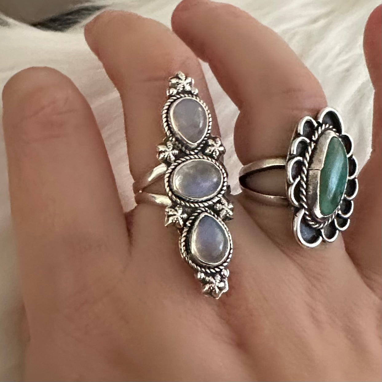 925 solid sterling silver semi-adjustable 3-stone long boho-style RAINBOW MOONSTONE gemstone ring fits size 7 8 9 10