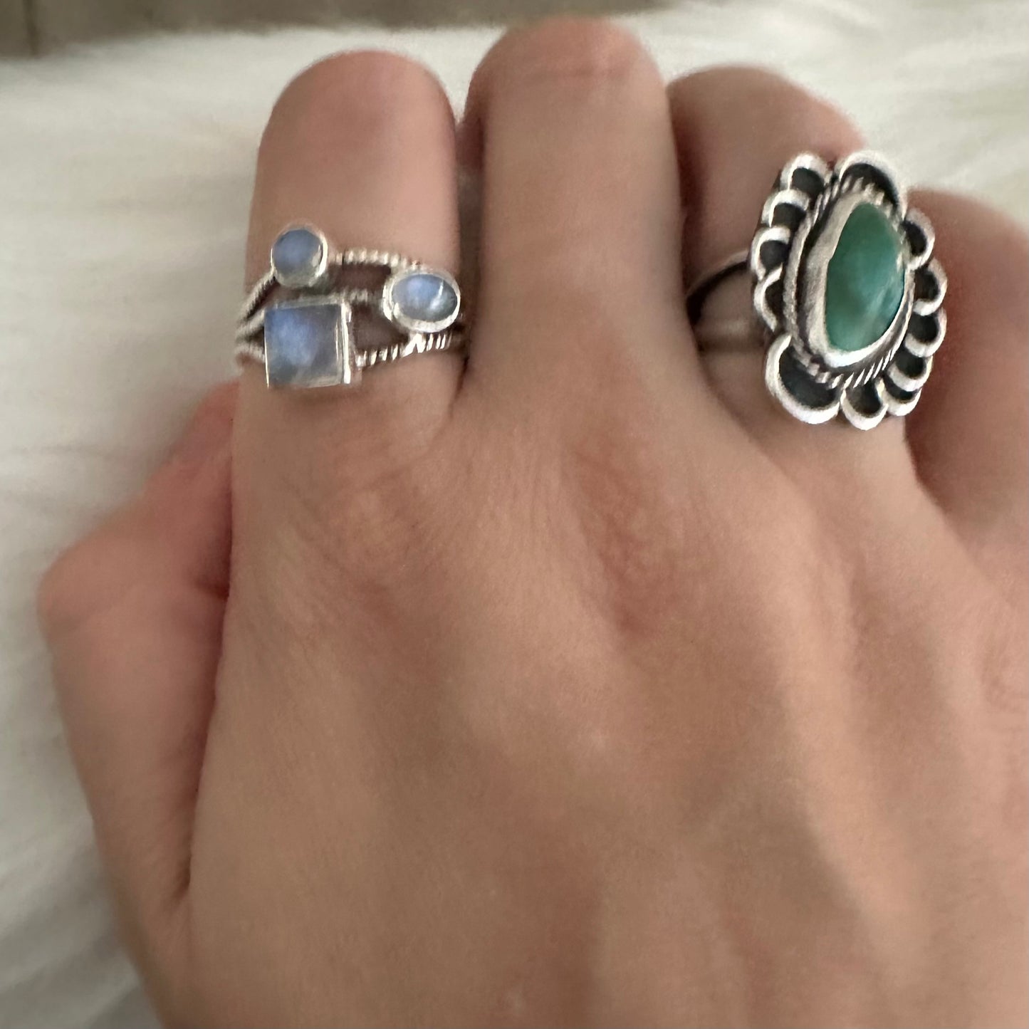 925 solid sterling silver RAINBOW MOONSTONE multi roped 3-row/band/layer semi-adjustable boho-style gemstone ring size 7 8 9 10