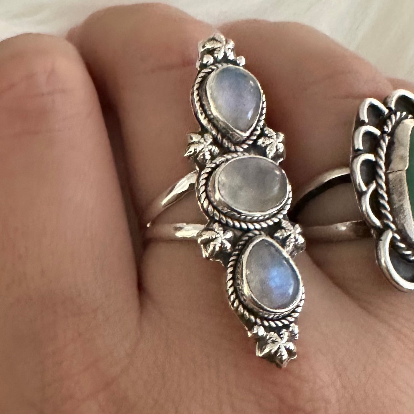 925 solid sterling silver semi-adjustable 3-stone long boho-style RAINBOW MOONSTONE gemstone ring fits size 7 8 9 10