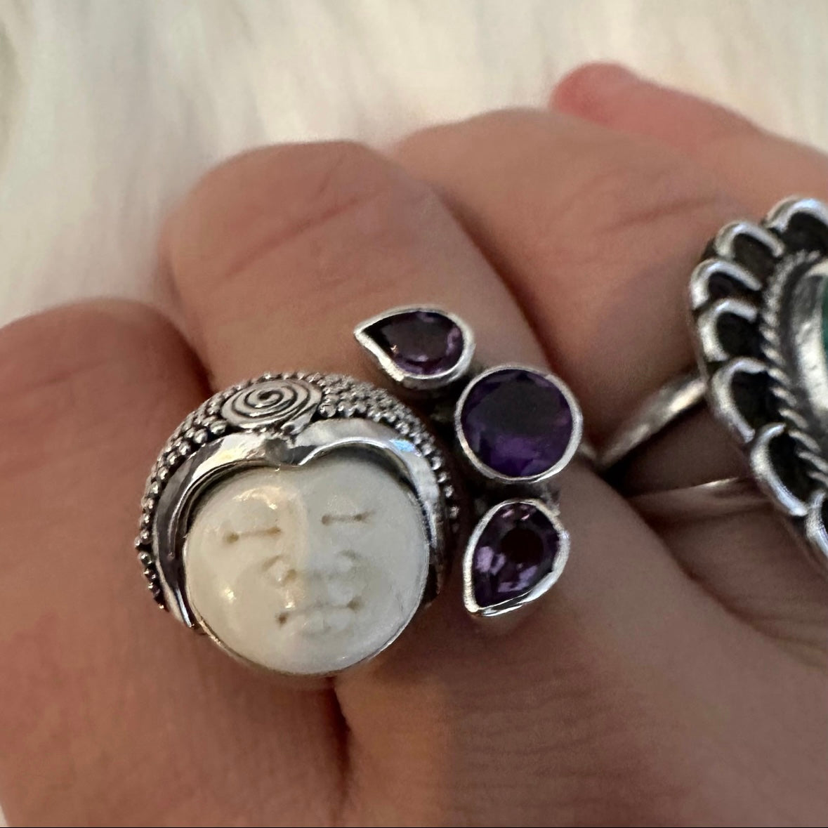 Unique exotic hand-crafted artisanal solid 925 sterling silver Balinese carved bone face ring with faceted/cut Amethyst gemstones