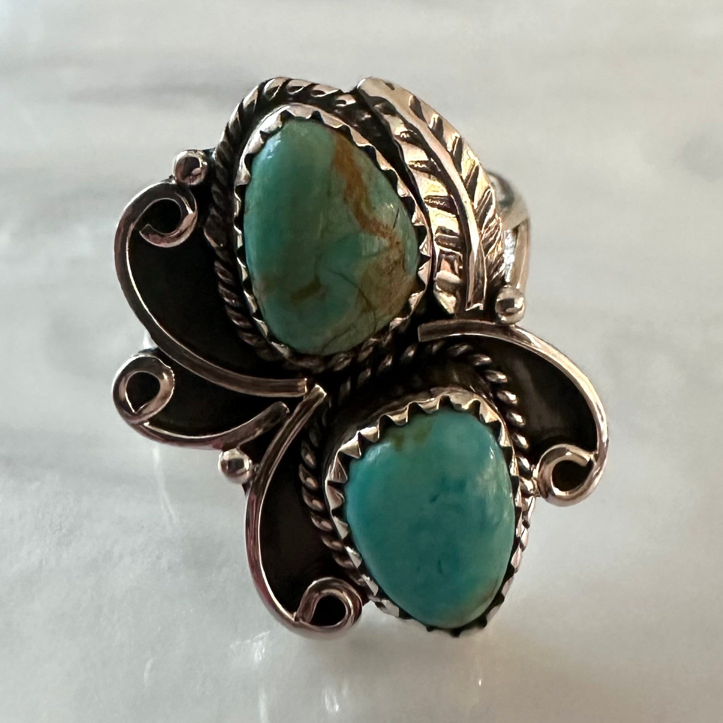 Unique Southwestern/American Indian/ Navajo boho style natural blue-green artisan hand-crafted ARIZONA MOHAVE TURQUOISE 925 sterling silver 2-stone ring size 8, 8.5, 9 or 9.5