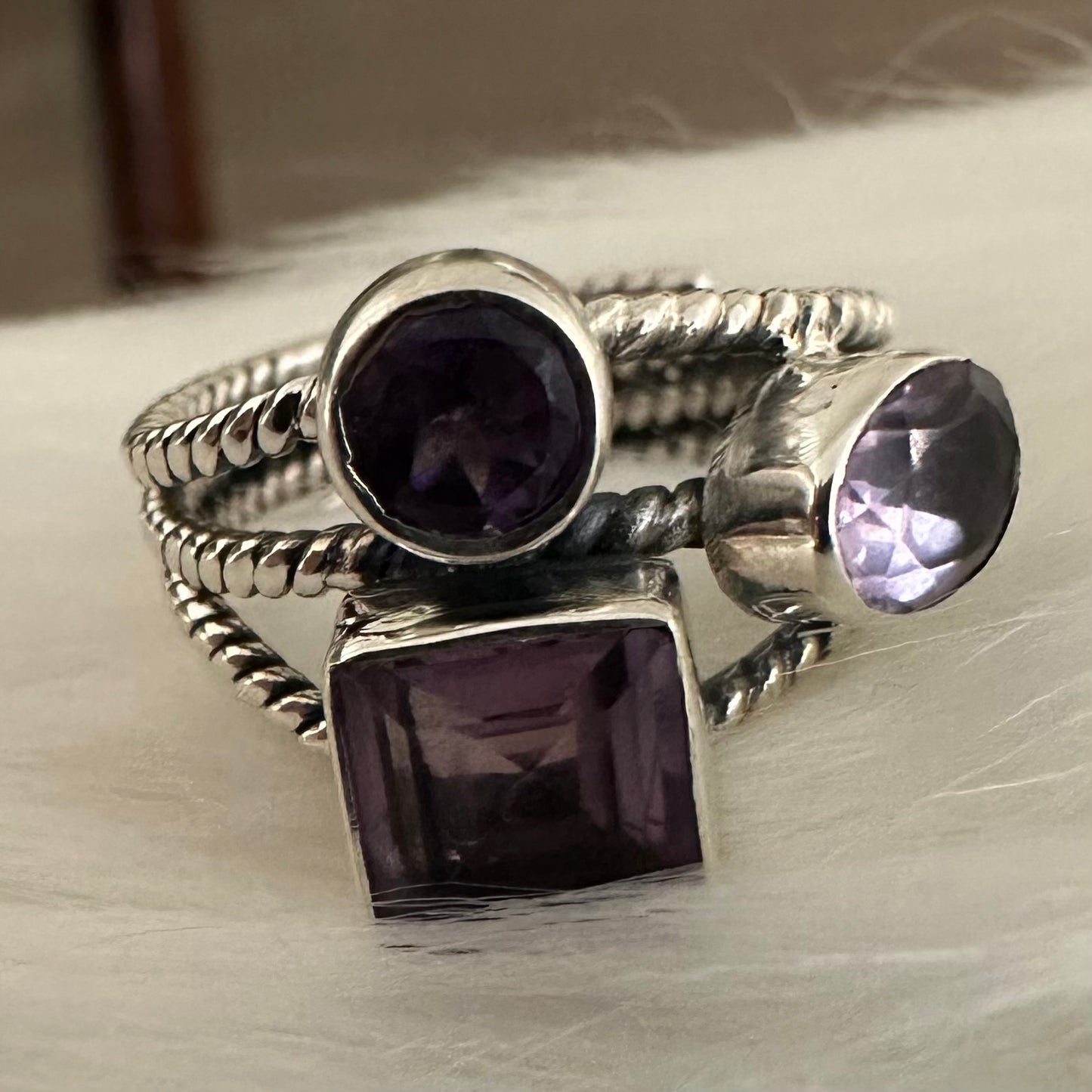 925 solid sterling silver AMETHYST multi roped 3-row/band/layer semi-adjustable boho-style gemstone ring size 7 8 9 10.