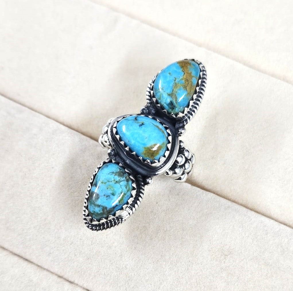 925 Sterling silver 3-stone long natural statement KINGMAN TURQUOISE ring size 6, 7, 8, 9