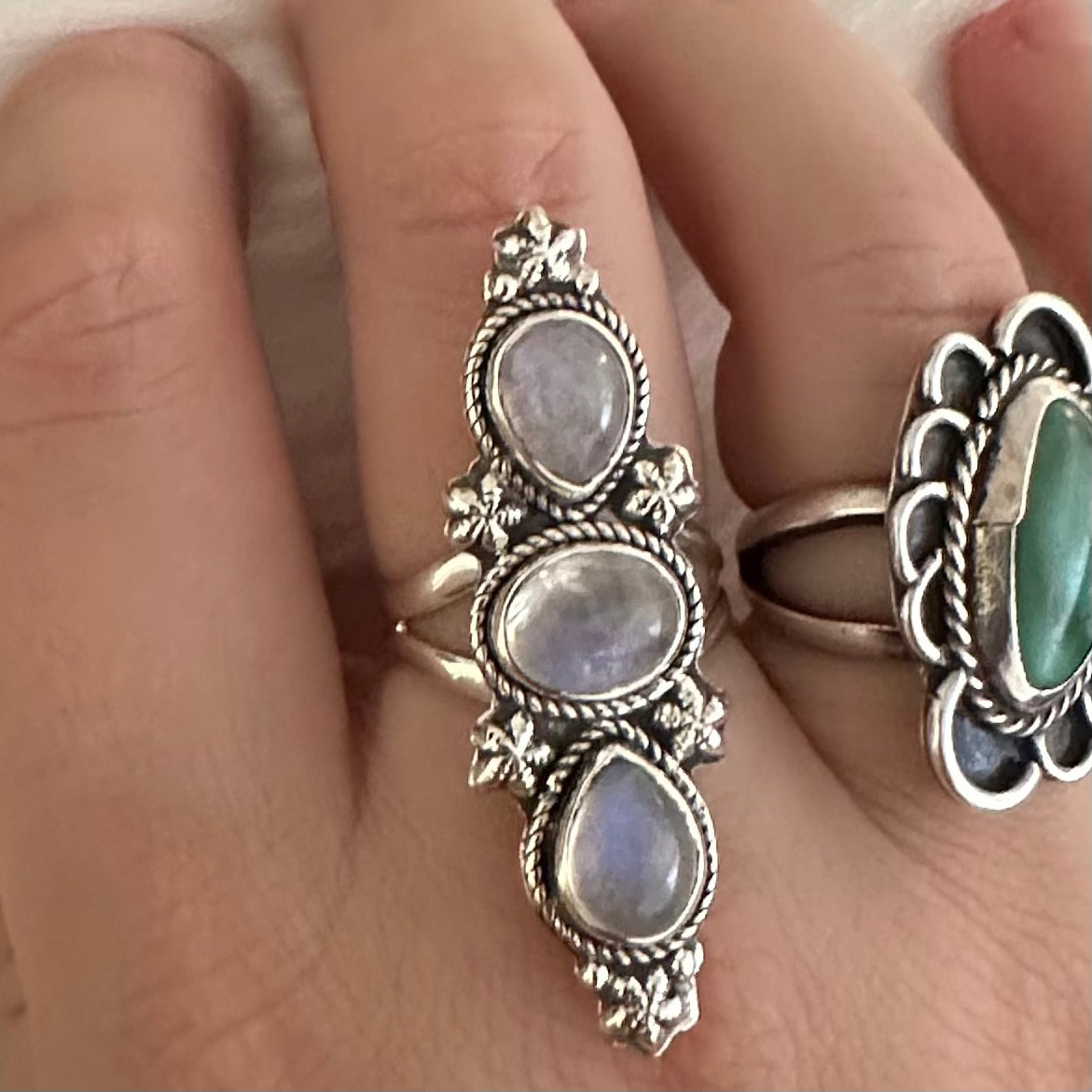 925 solid sterling silver semi-adjustable 3-stone long boho-style RAINBOW MOONSTONE gemstone ring fits size 7 8 9 10