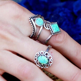 925 Solid Sterling Silver OPAL chevron V-shaped 2 stackable crescent moon boho-style elegant ring RETAIL $135