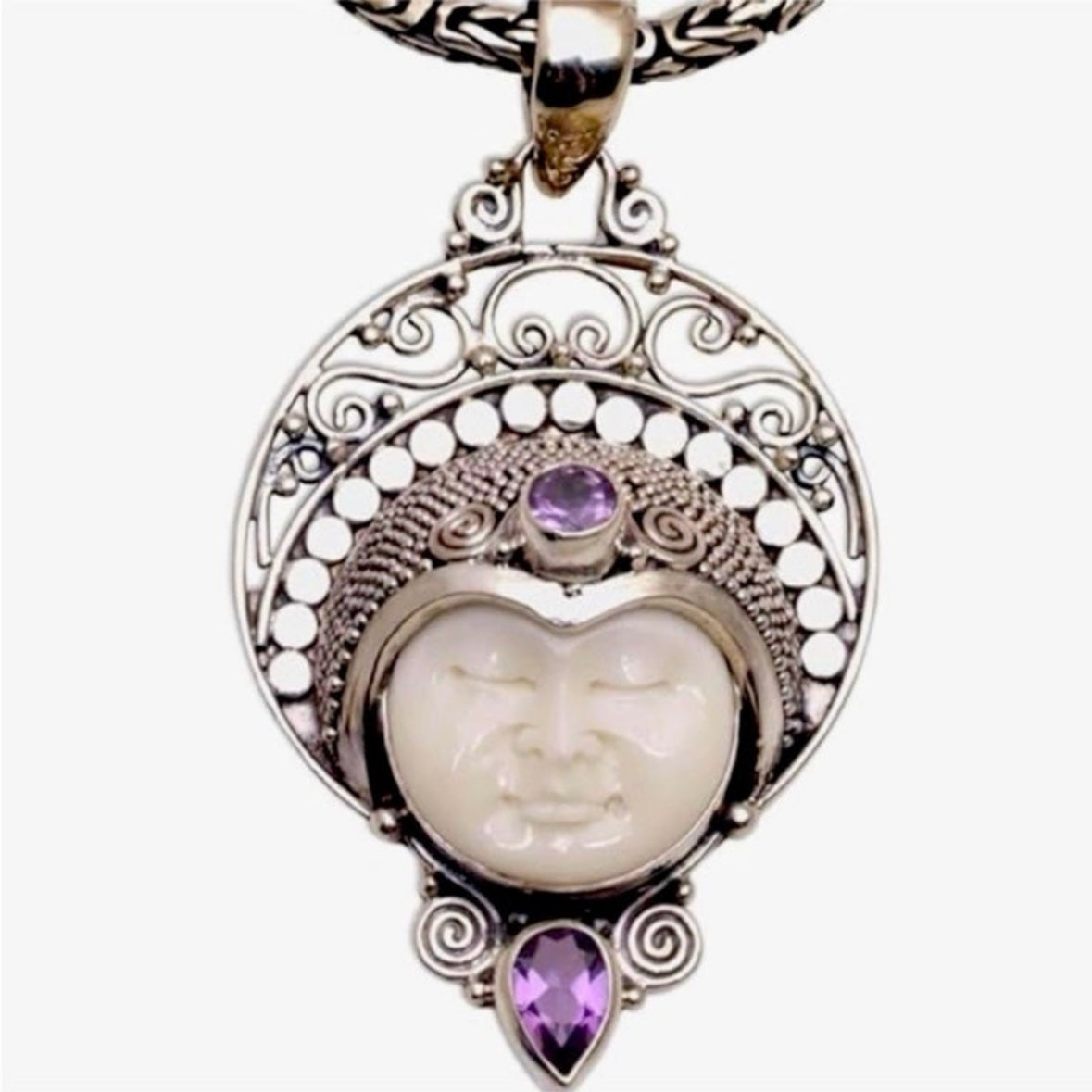 Stunning unique exotic hand-crafted artisanal solid 925 sterling silver Balinese carved bone face necklace pendant with faceted/cut Amethyst gemstones