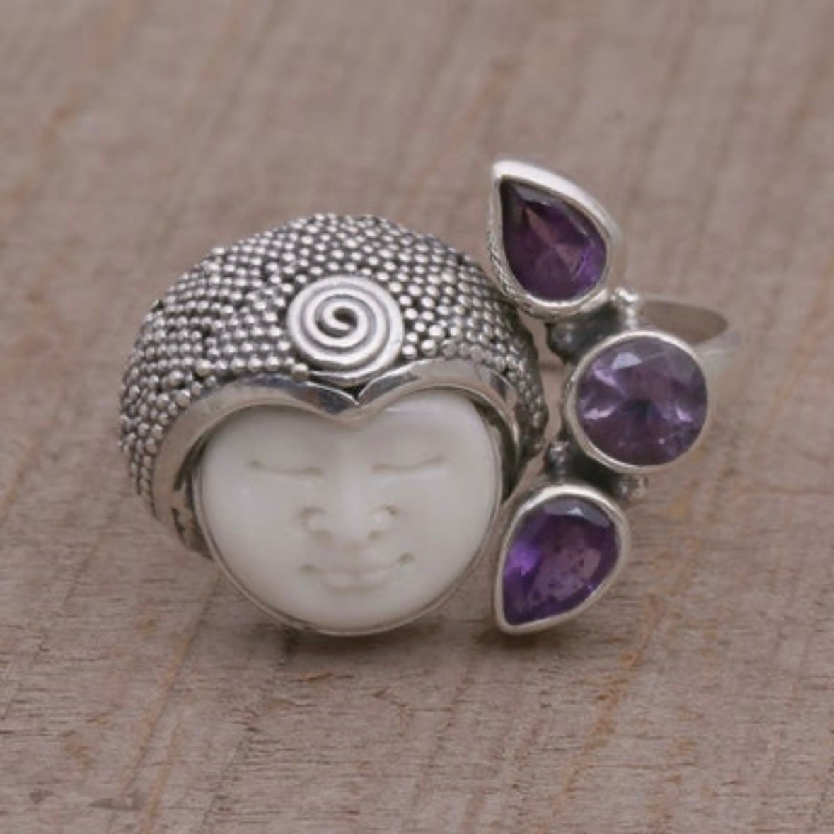 Unique exotic hand-crafted artisanal solid 925 sterling silver Balinese carved bone face ring with faceted/cut Amethyst gemstones