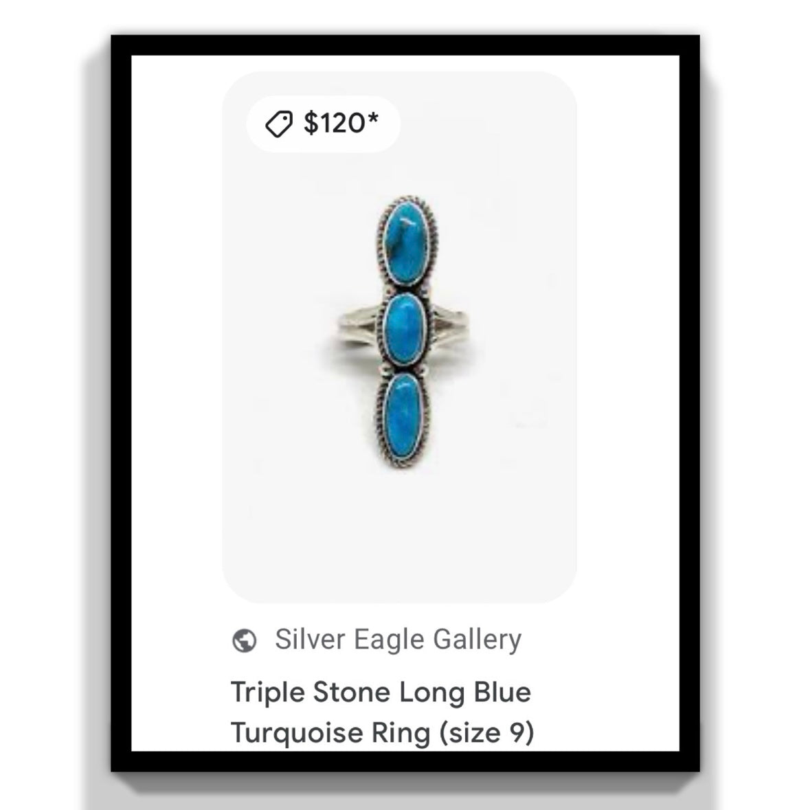 925 Solid Sterling Silver triple 3-stone long southwestern Native American/Indian boho Navajo-style blue ARIZONA TURQUOISE ring size 7, 7.5, and 8. RETAIL $120 (See photos)