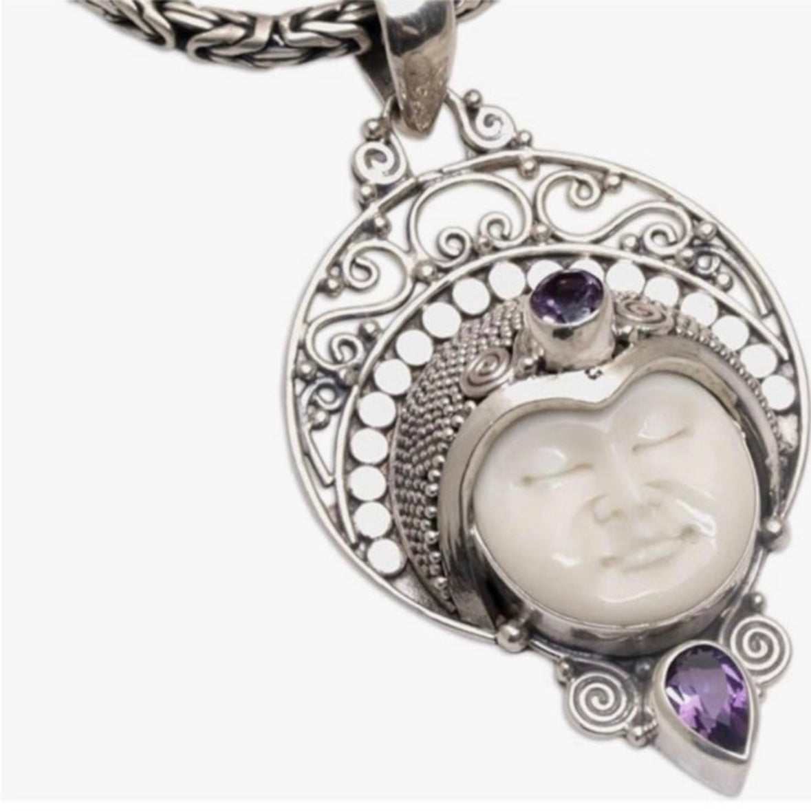 Stunning unique exotic hand-crafted artisanal solid 925 sterling silver Balinese carved bone face necklace pendant with faceted/cut Amethyst gemstones