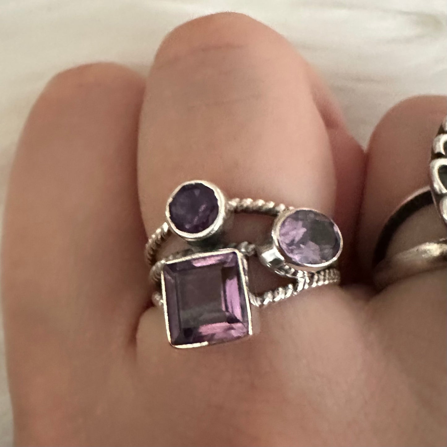 925 solid sterling silver AMETHYST multi roped 3-row/band/layer semi-adjustable boho-style gemstone ring size 7 8 9 10.