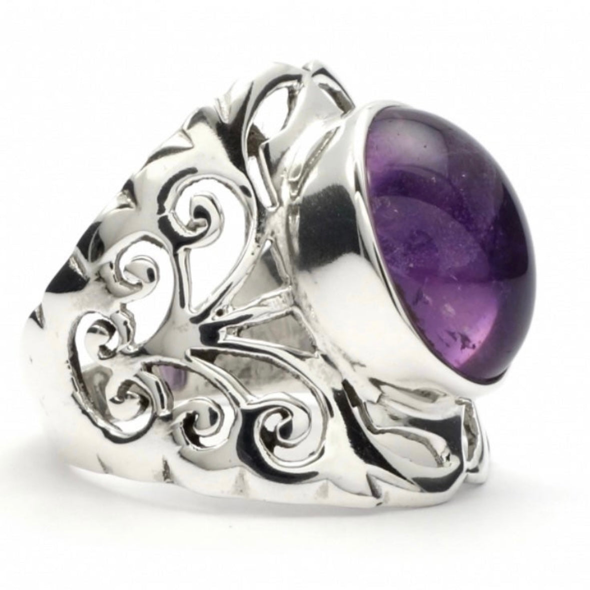 925 solid sterling silver huge chunky filigree/lattice smooth AMETHYST cabochon ring sizes 6 7 8 9 - RETAILS $54