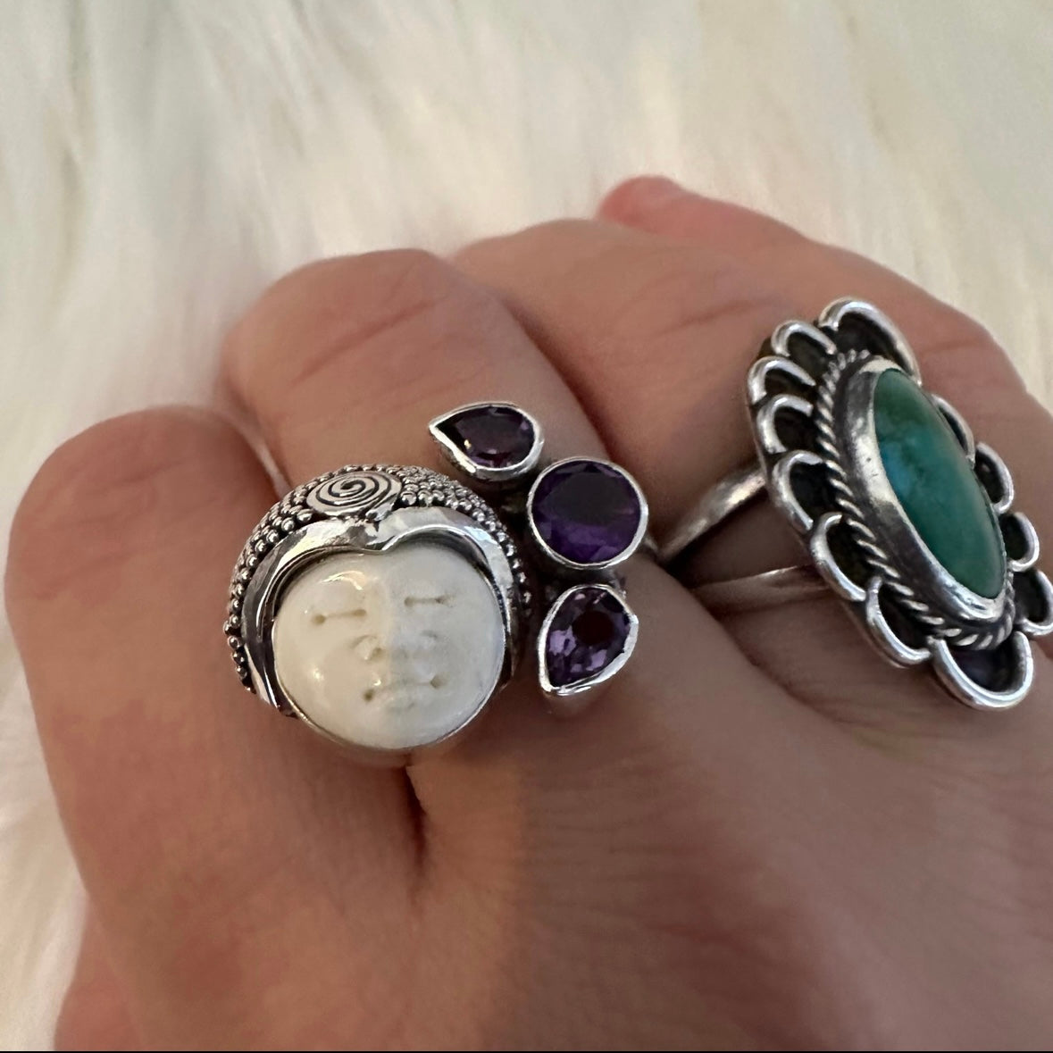 Unique exotic hand-crafted artisanal solid 925 sterling silver Balinese carved bone face ring with faceted/cut Amethyst gemstones