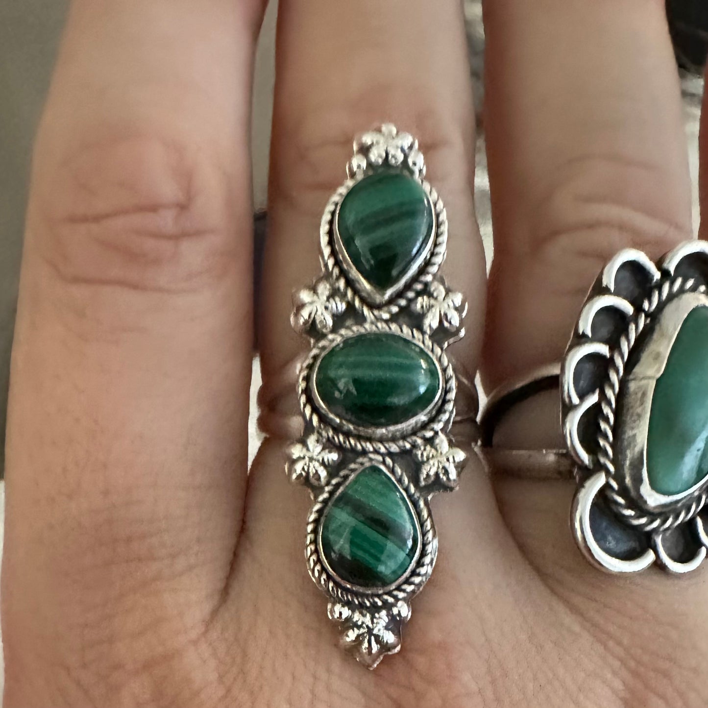 925 solid sterling silver semi-adjustable 3-stone long boho-style marbled green MALACHITE gemstone ring fits size 7 8 9 10