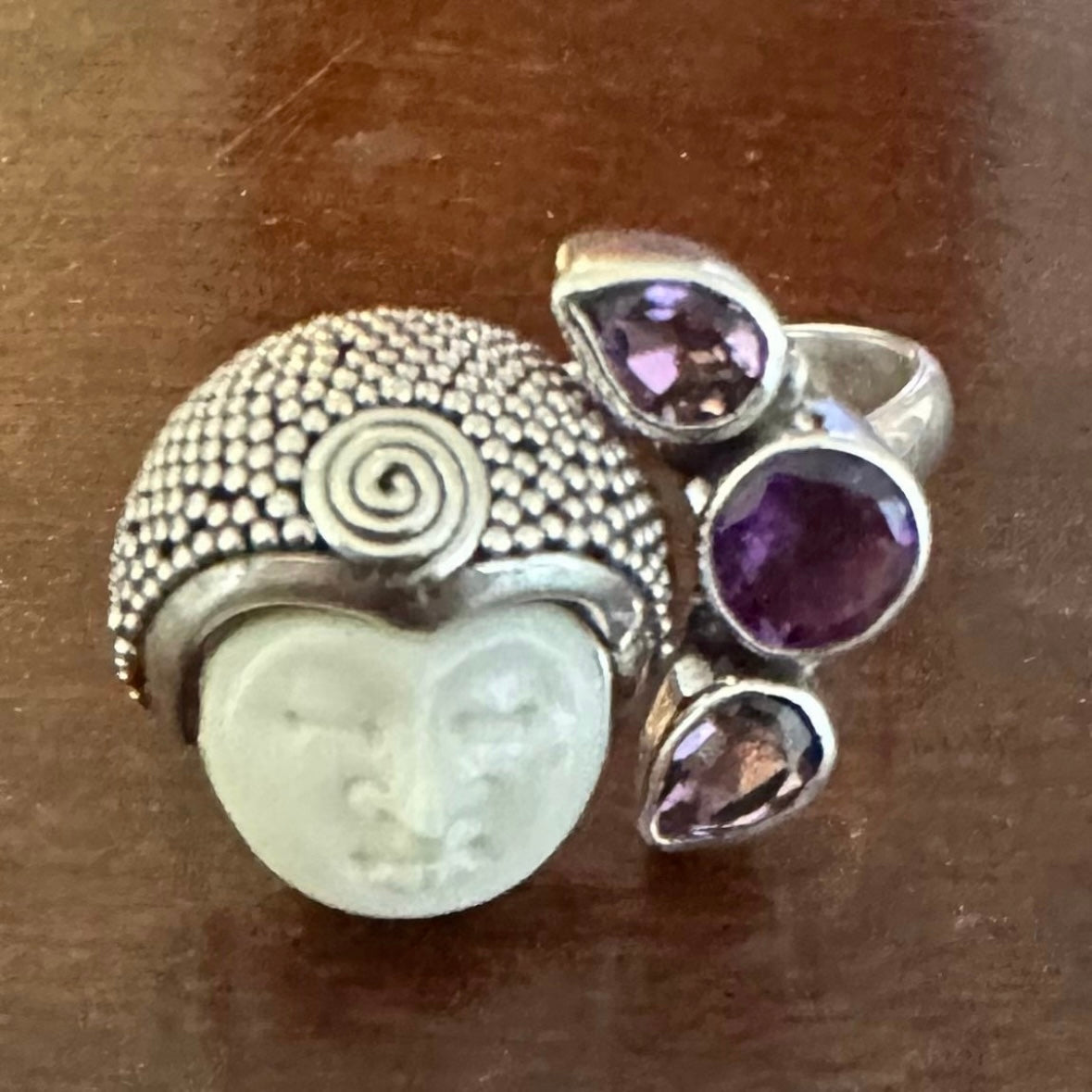 Unique exotic hand-crafted artisanal solid 925 sterling silver Balinese carved bone face ring with faceted/cut Amethyst gemstones