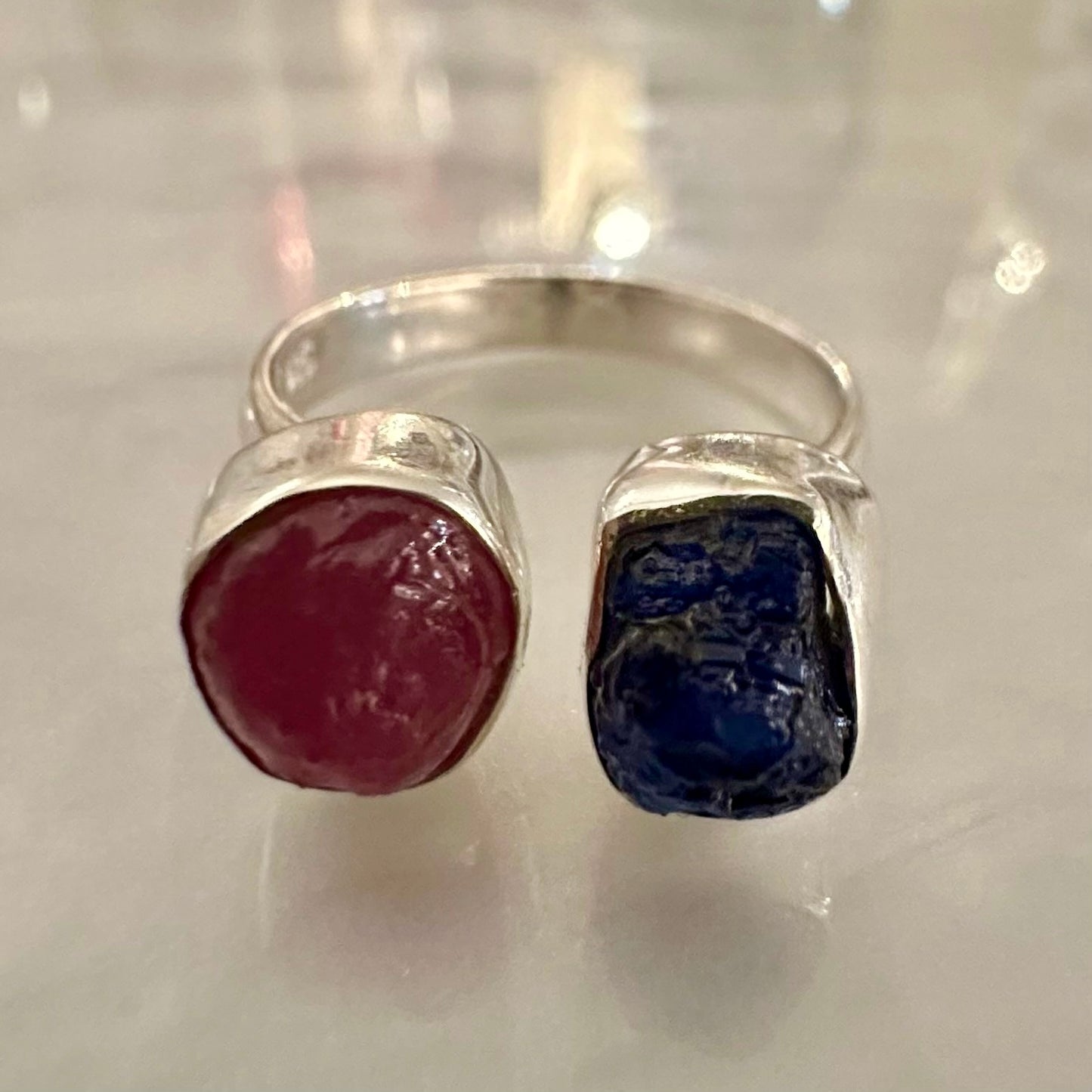 925 Silver rough/raw PINK RUBY, SAPPHIRE semi-adjustable 2-gemstone ring size 7.5, 8, 8.5