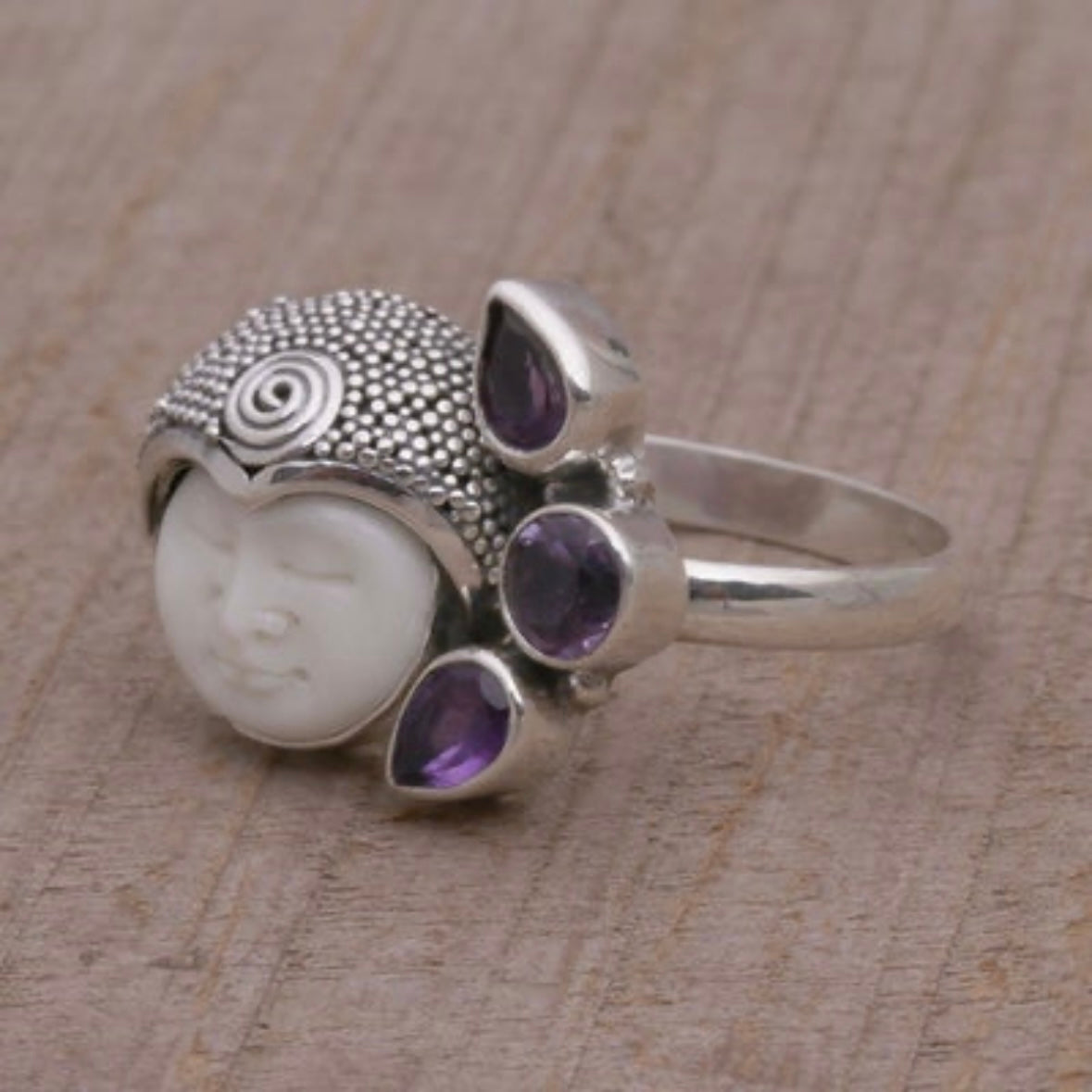 Unique exotic hand-crafted artisanal solid 925 sterling silver Balinese carved bone face ring with faceted/cut Amethyst gemstones