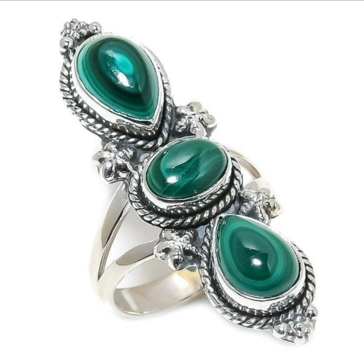 925 solid sterling silver semi-adjustable 3-stone long boho-style marbled green MALACHITE gemstone ring fits size 7 8 9 10
