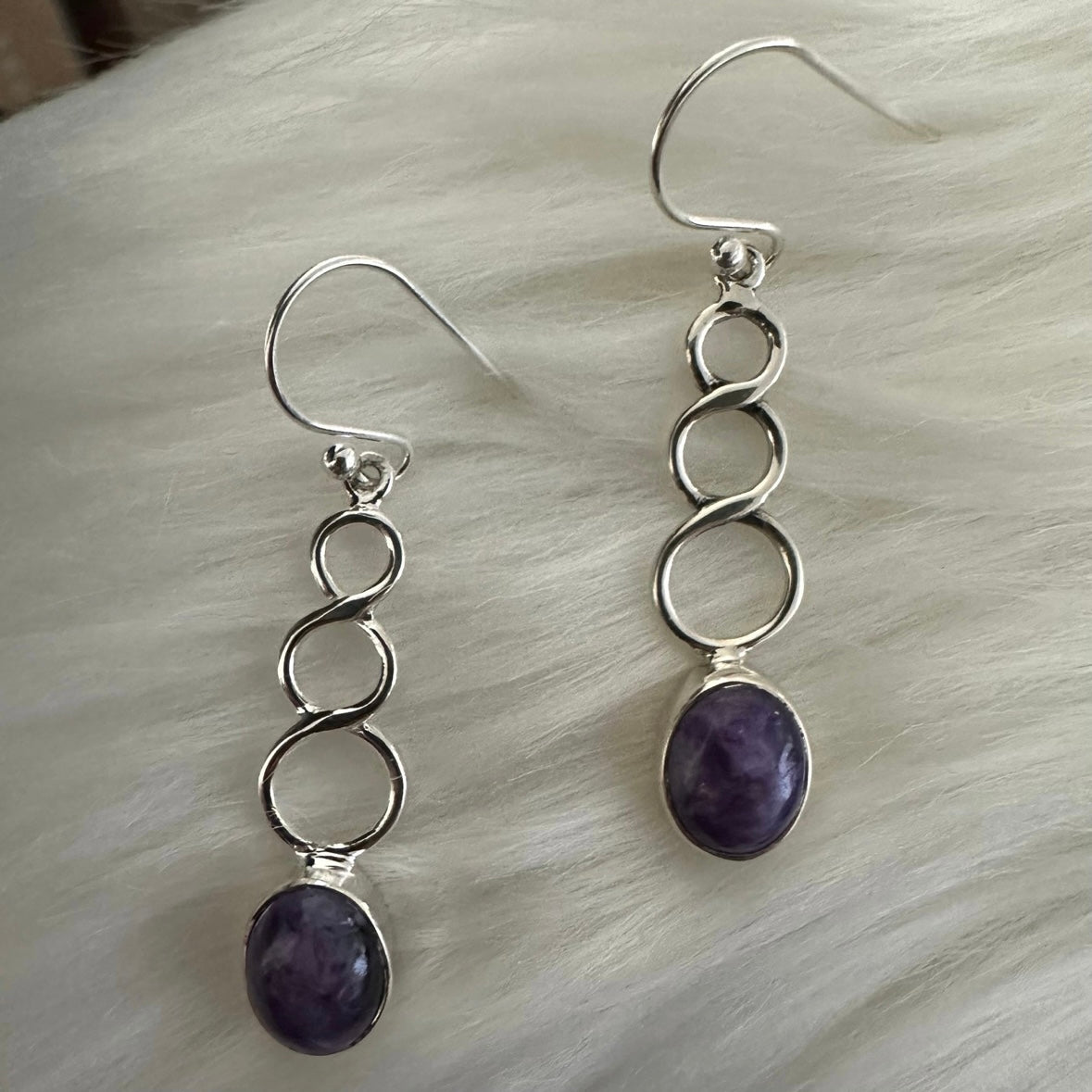 925 Solid Sterling Silver RUSSIAN CHAROITE twisty long dangle drop earrings