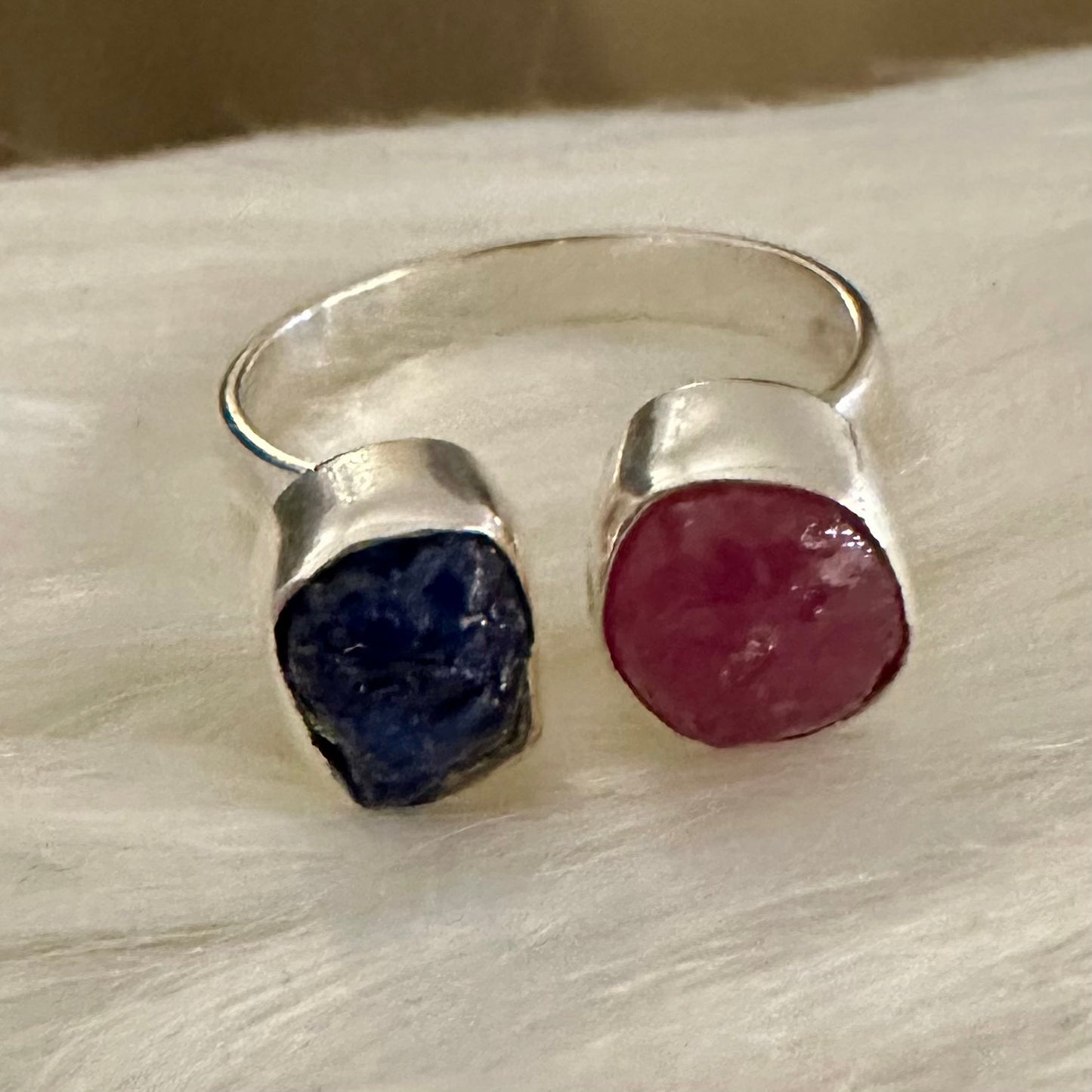 925 Silver rough/raw PINK RUBY, SAPPHIRE semi-adjustable 2-gemstone ring size 7.5, 8, 8.5
