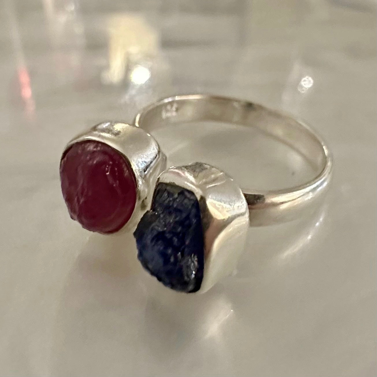 925 Silver rough/raw PINK RUBY, SAPPHIRE semi-adjustable 2-gemstone ring size 7.5, 8, 8.5