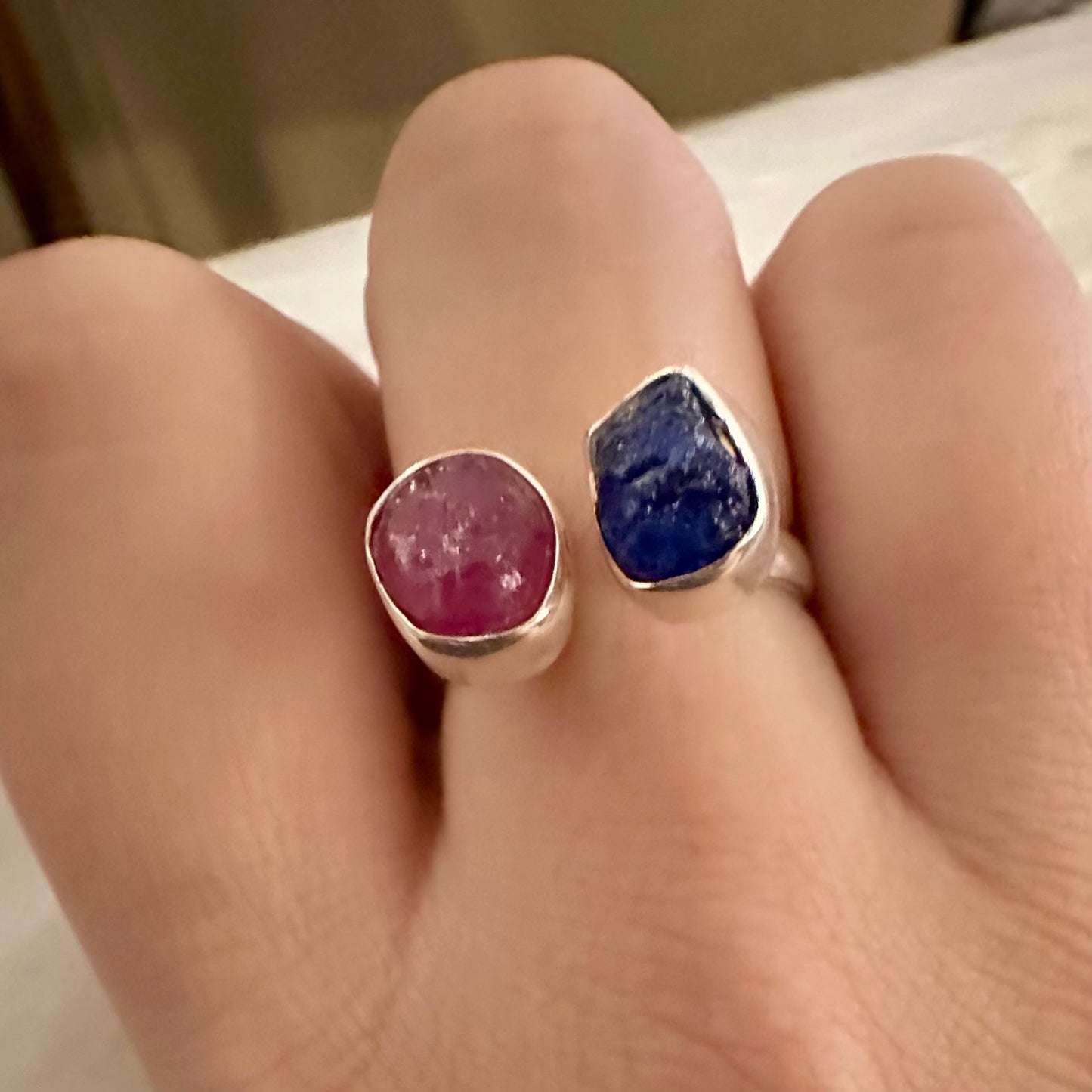 925 Silver rough/raw PINK RUBY, SAPPHIRE semi-adjustable 2-gemstone ring size 7.5, 8, 8.5