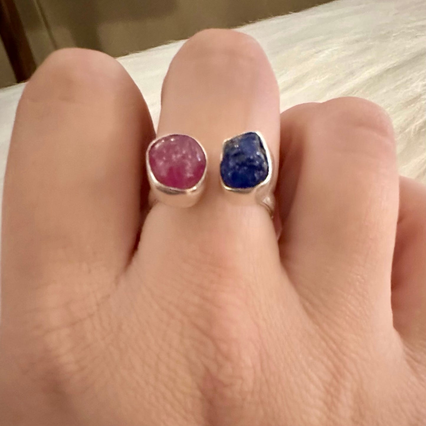 925 Silver rough/raw PINK RUBY, SAPPHIRE semi-adjustable 2-gemstone ring size 7.5, 8, 8.5