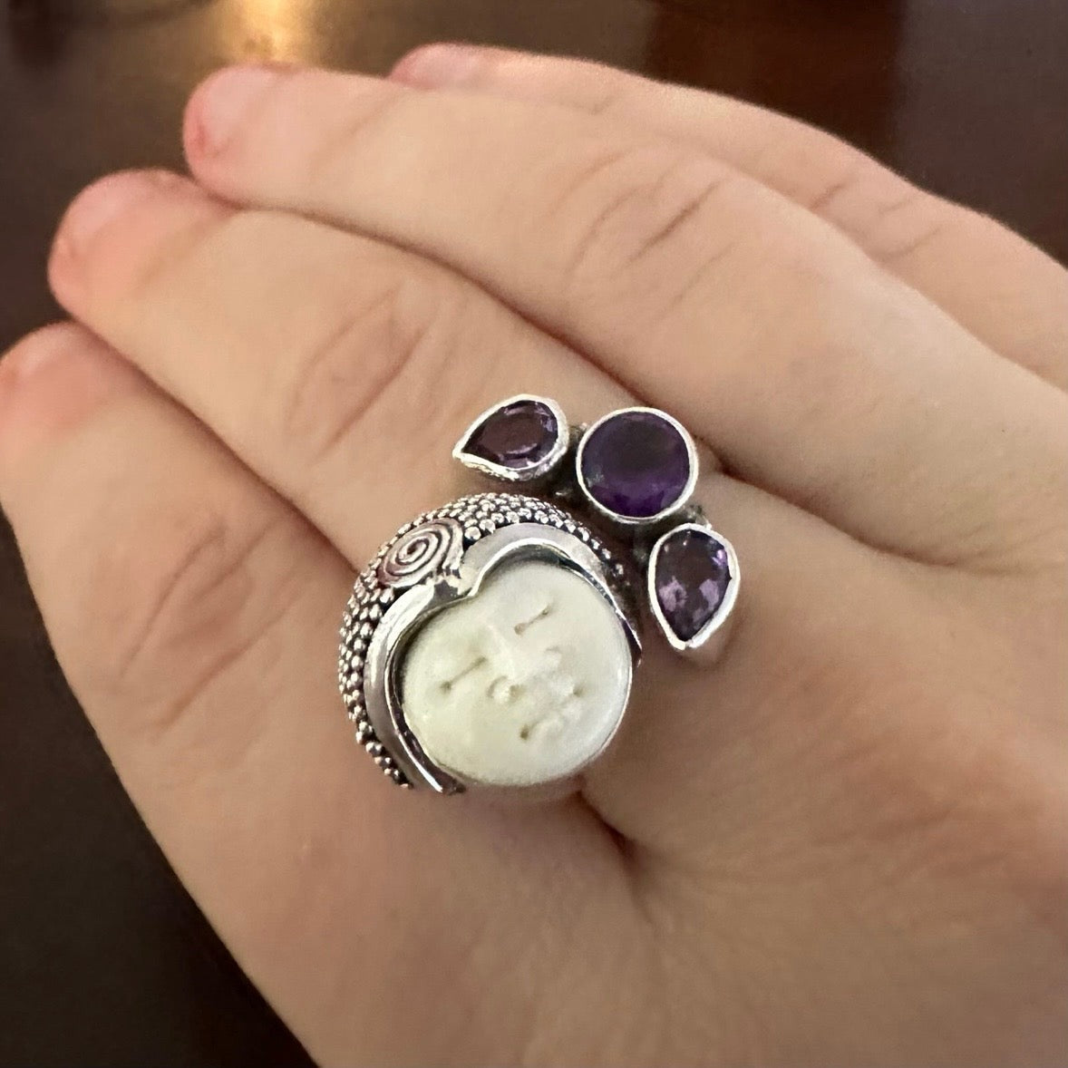 Unique exotic hand-crafted artisanal solid 925 sterling silver Balinese carved bone face ring with faceted/cut Amethyst gemstones