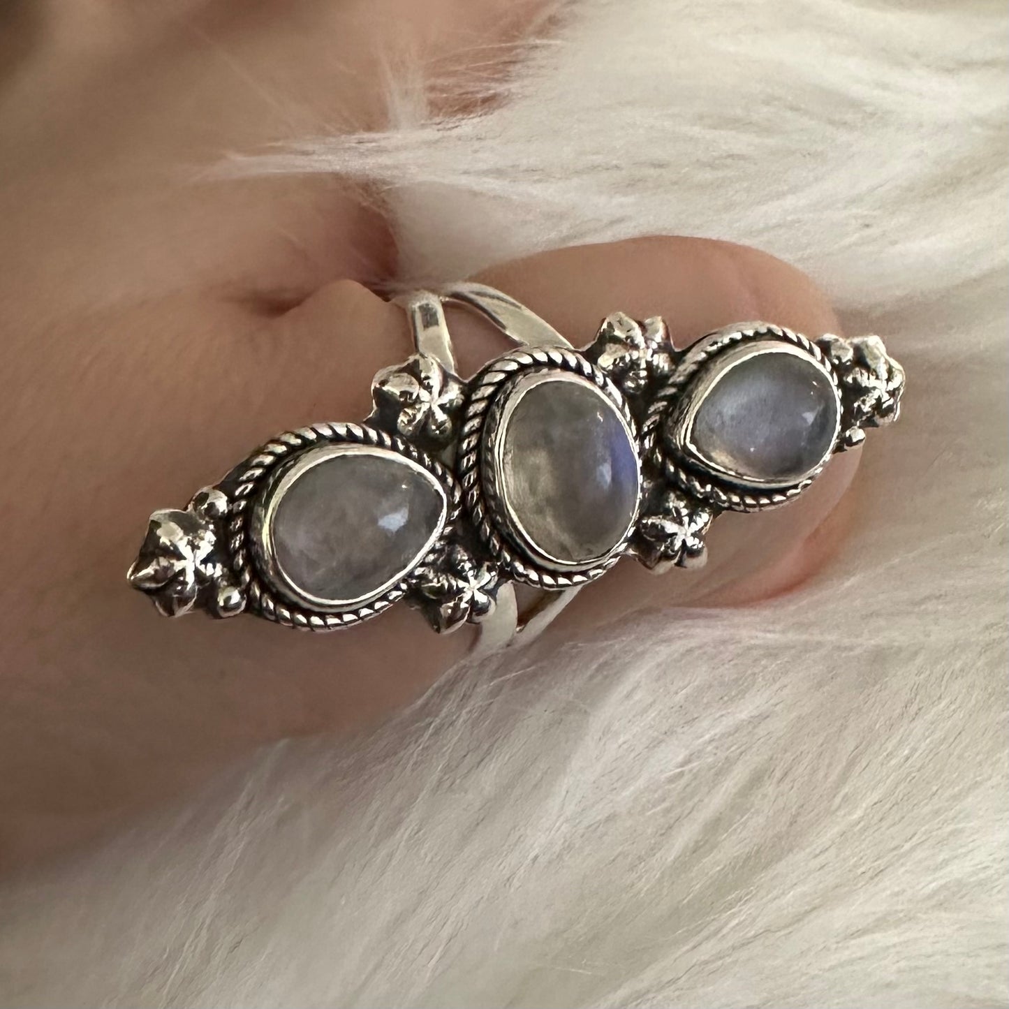 925 solid sterling silver semi-adjustable 3-stone long boho-style RAINBOW MOONSTONE gemstone ring fits size 7 8 9 10