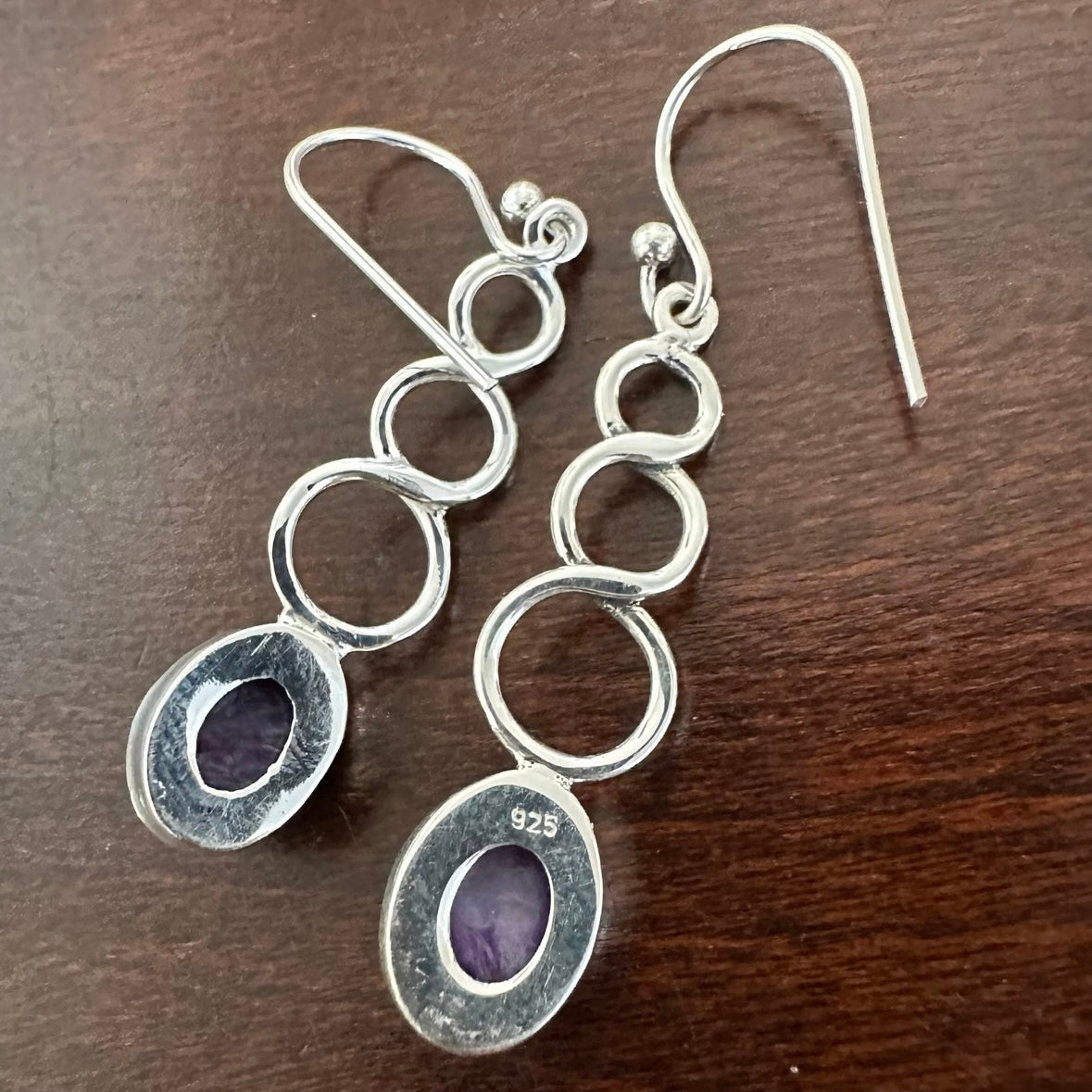 925 Solid Sterling Silver RUSSIAN CHAROITE twisty long dangle drop earrings