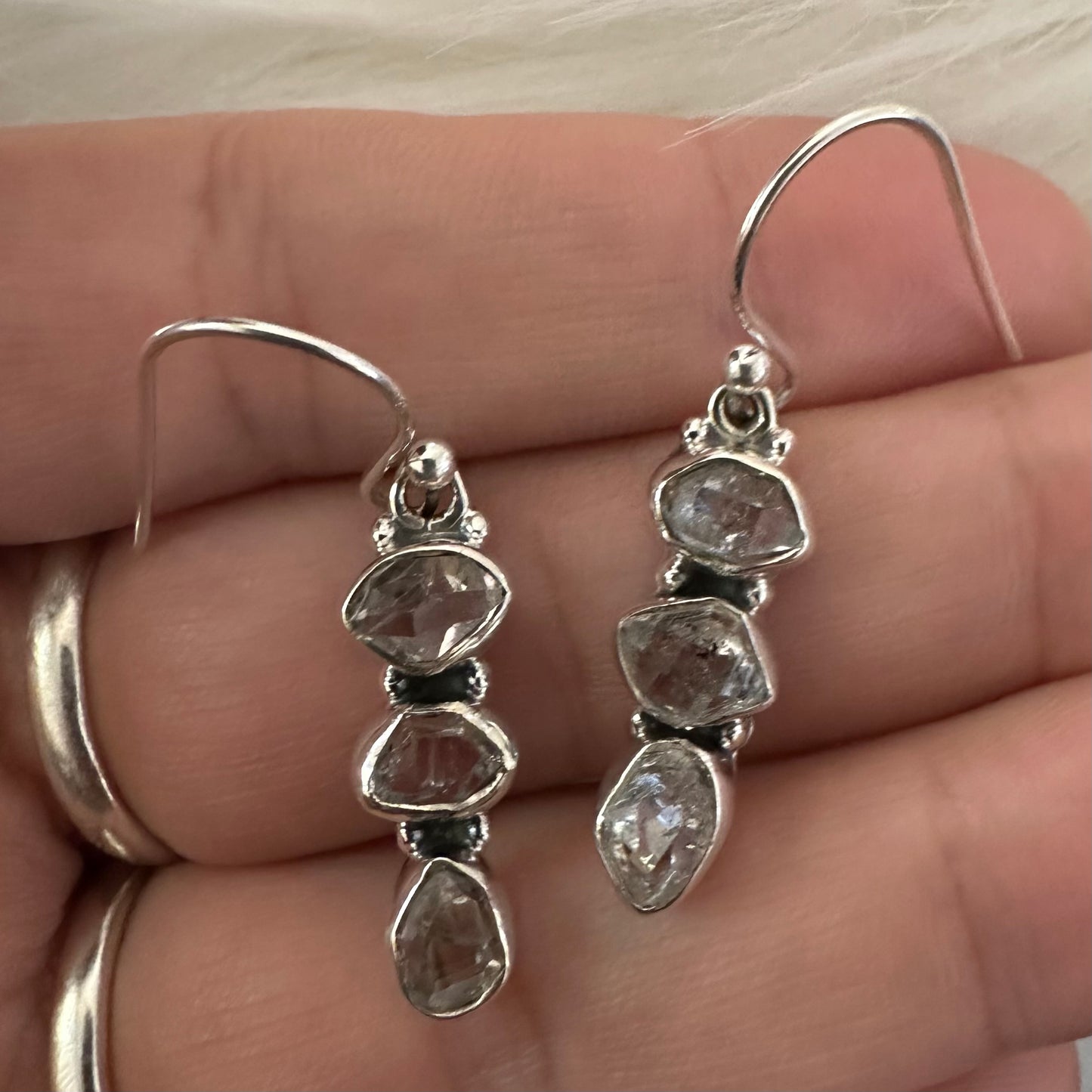 925 sterling silver raw/rough HERKIMER DIAMOND chunky 3-stone dangle earrings