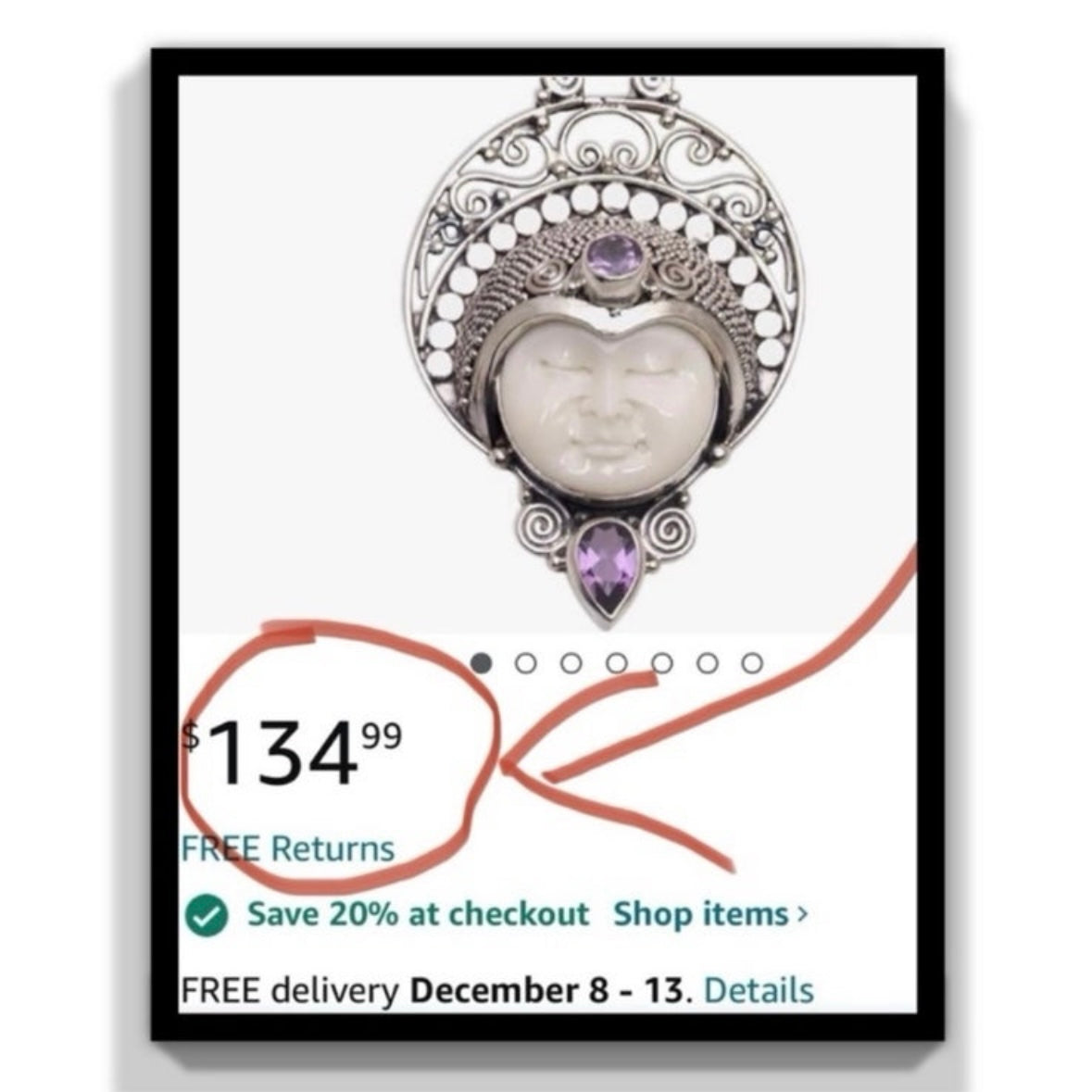 Stunning unique exotic hand-crafted artisanal solid 925 sterling silver Balinese carved bone face necklace pendant with faceted/cut Amethyst gemstones
