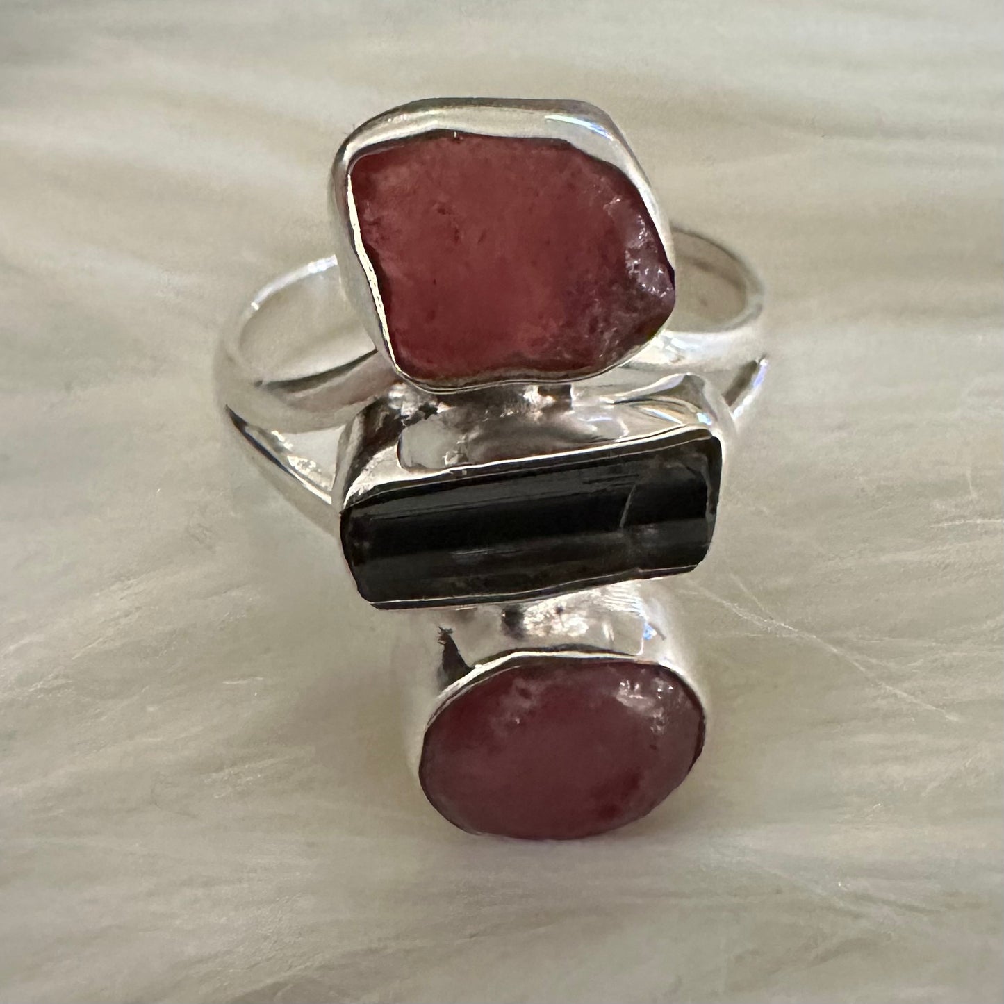 925 solid sterling silver 3-stone natural rough/raw PINK RUBY & TOURMALINE ring size 8, 8.5, 9