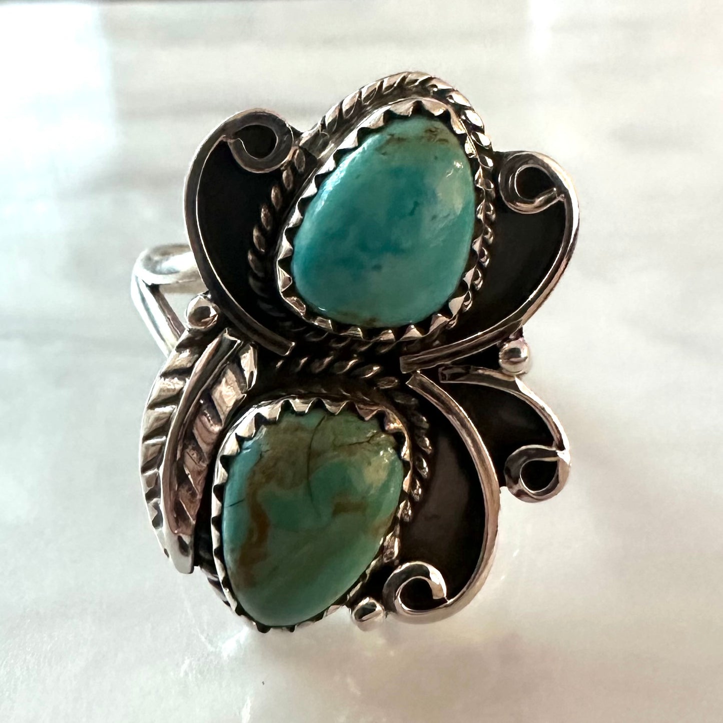 Unique Southwestern/American Indian/ Navajo boho style natural blue-green artisan hand-crafted ARIZONA MOHAVE TURQUOISE 925 sterling silver 2-stone ring size 8, 8.5, 9 or 9.5