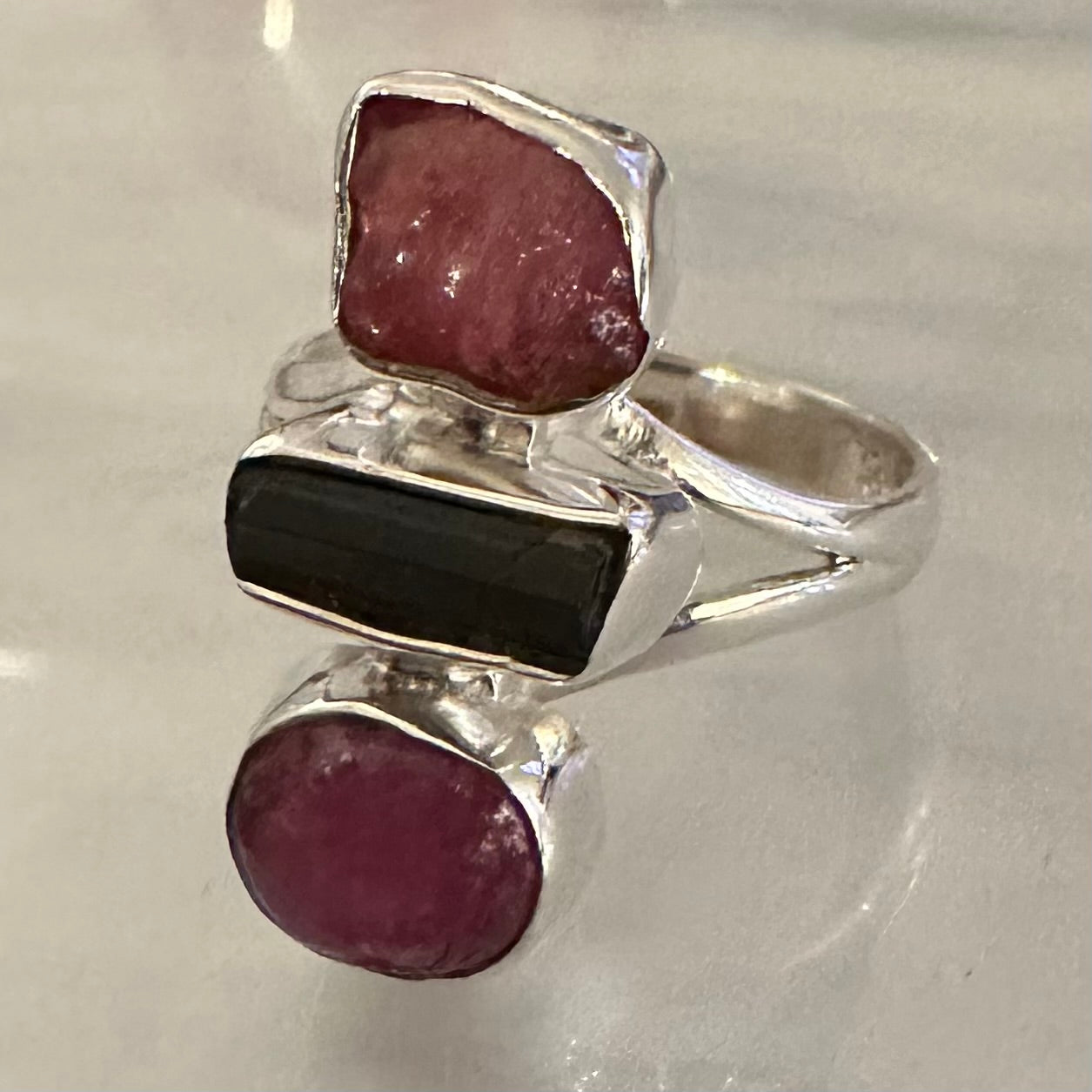 925 solid sterling silver 3-stone natural rough/raw PINK RUBY & TOURMALINE ring size 8, 8.5, 9