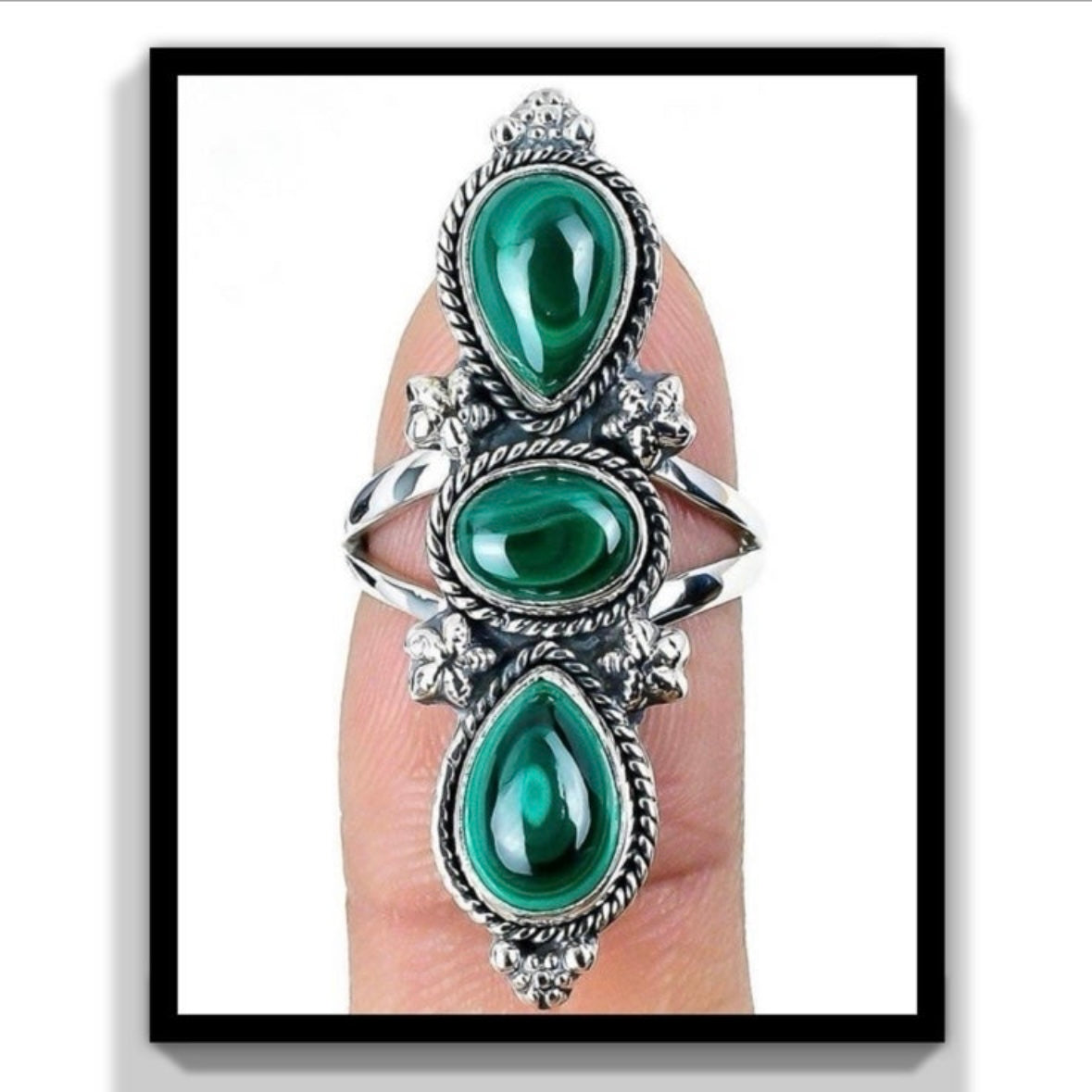 925 solid sterling silver semi-adjustable 3-stone long boho-style marbled green MALACHITE gemstone ring fits size 7 8 9 10