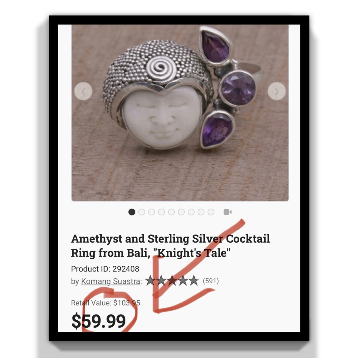 Unique exotic hand-crafted artisanal solid 925 sterling silver Balinese carved bone face ring with faceted/cut Amethyst gemstones