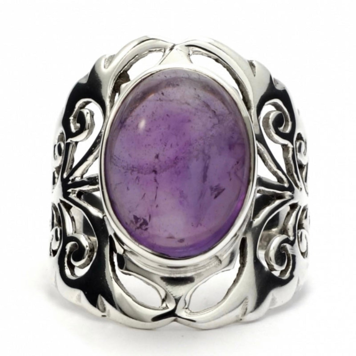 925 solid sterling silver huge chunky filigree/lattice smooth AMETHYST cabochon ring sizes 6 7 8 9 - RETAILS $54