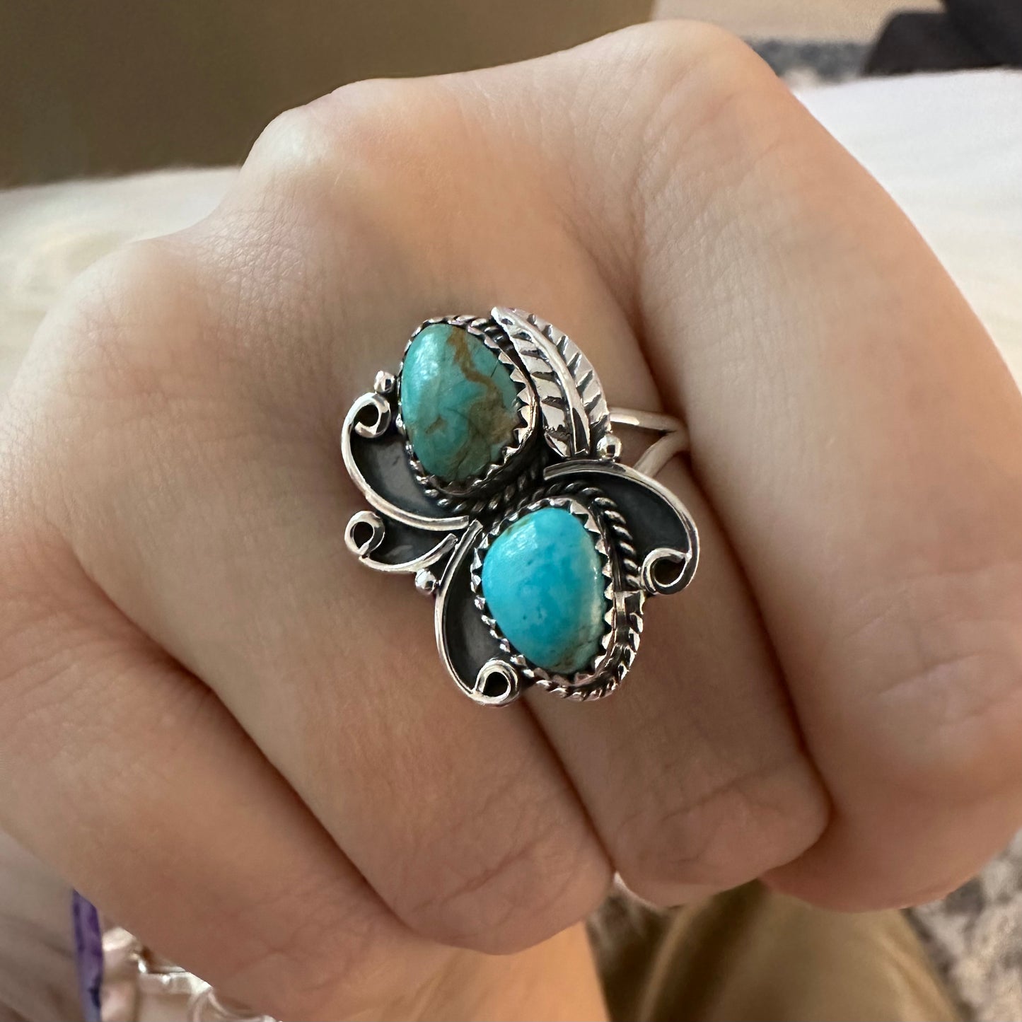 Unique Southwestern/American Indian/ Navajo boho style natural blue-green artisan hand-crafted ARIZONA MOHAVE TURQUOISE 925 sterling silver 2-stone ring size 8, 8.5, 9 or 9.5