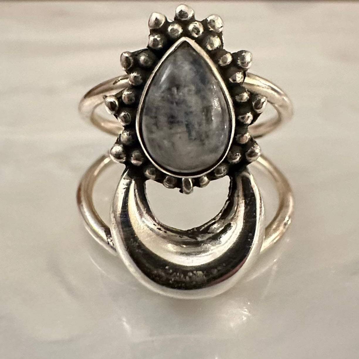 925 solid sterling silver Crescent half-Moon boho-style RAINBOW MOONSTONE teardrop gemstone split shank ring sizes 6.5, 7, 7.5. RETAIL $65 (See photos)