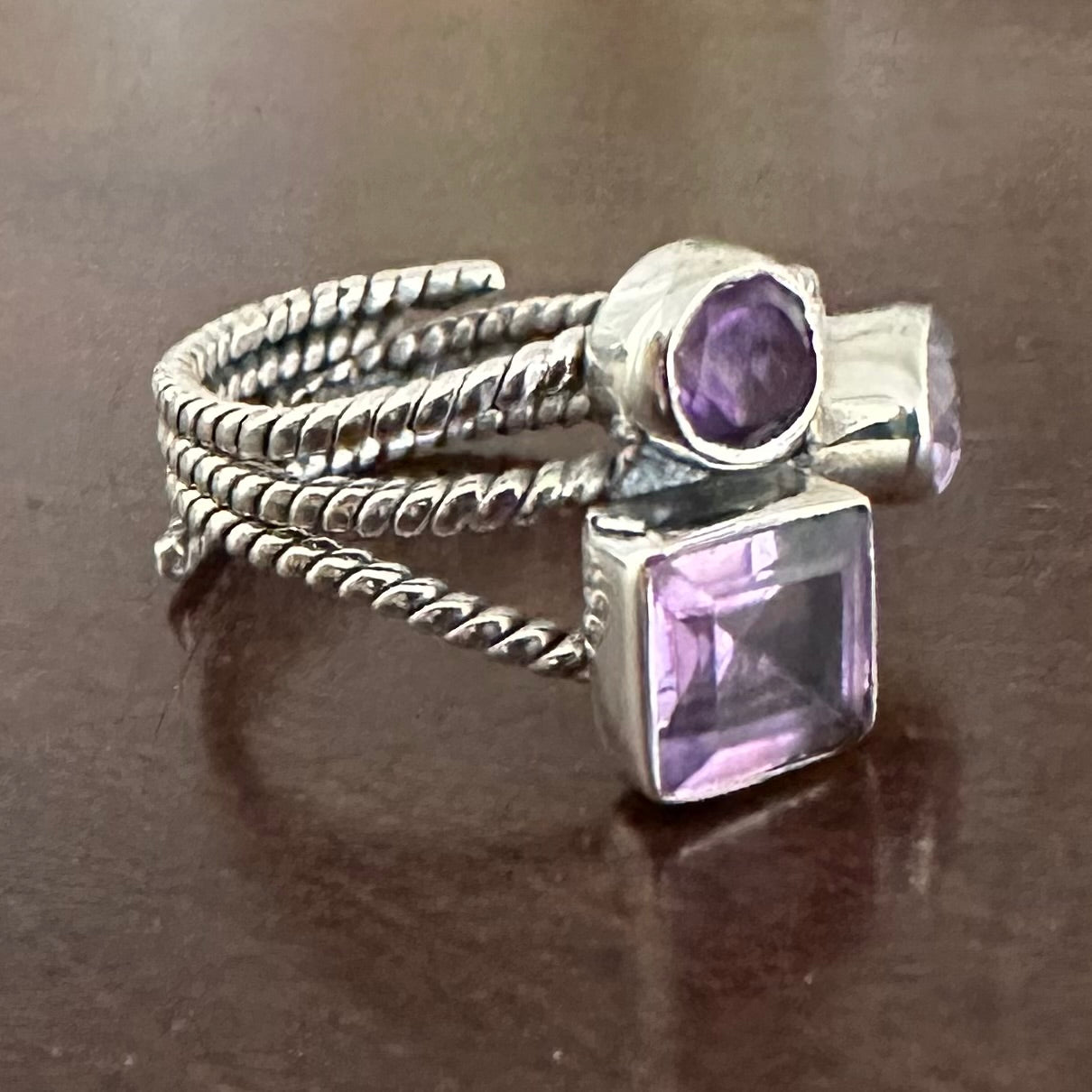 925 solid sterling silver AMETHYST multi roped 3-row/band/layer semi-adjustable boho-style gemstone ring size 7 8 9 10.