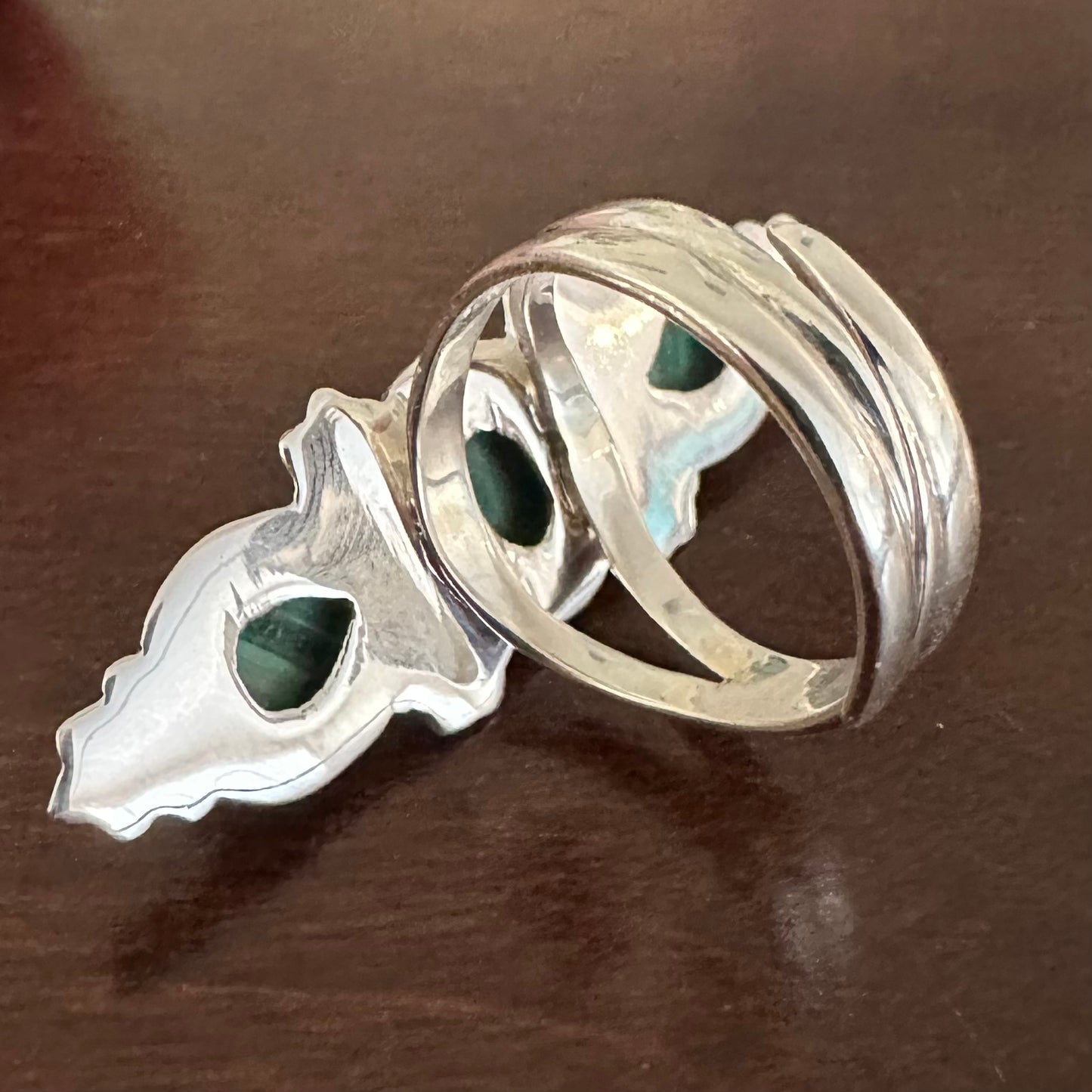 925 solid sterling silver semi-adjustable 3-stone long boho-style marbled green MALACHITE gemstone ring fits size 7 8 9 10
