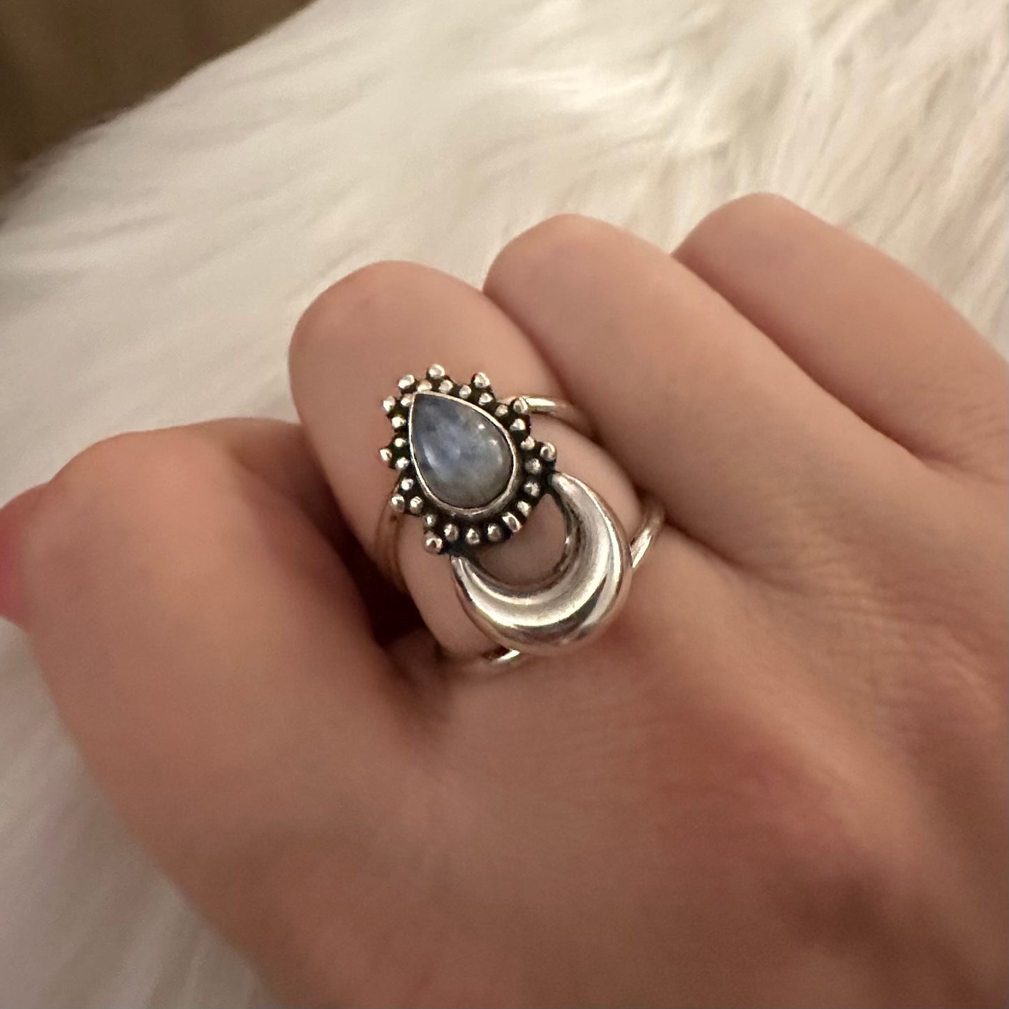 925 solid sterling silver Crescent half-Moon boho-style RAINBOW MOONSTONE teardrop gemstone split shank ring sizes 6.5, 7, 7.5. RETAIL $65 (See photos)