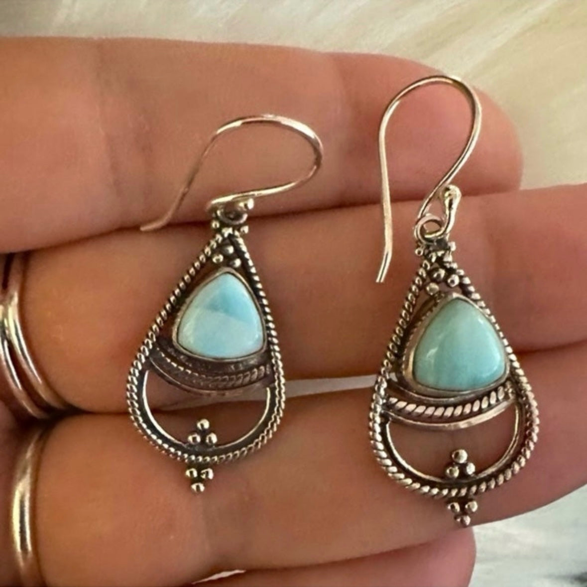 925 Solid Sterling Silver Filigree teardrop/dangle filigree LARIMAR lightweight earrings hand-crafted by Balinese artisans