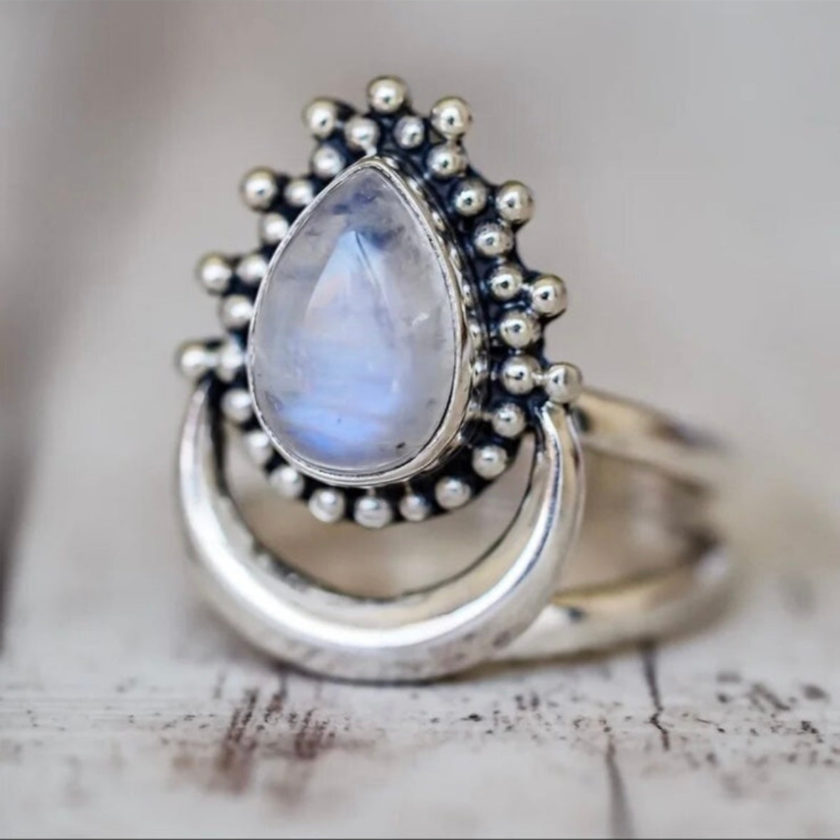 925 solid sterling silver Crescent half-Moon boho-style RAINBOW MOONSTONE teardrop gemstone split shank ring sizes 6.5, 7, 7.5. RETAIL $65 (See photos)
